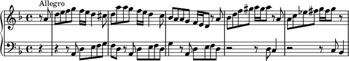 \version "2.18.2"
\header {
tagline = ##f
% composer = "Domenico Scarlatti"
% opus = "K. 89"
% meter = "Allegro"
}
%% les petites notes
%trillBesp = { \tag #'print { bes4.\prall } \tag #'midi { c32 bes c bes~ bes4 } }
upper = \relative c'' {
\clef treble
\key d \minor
\time 4/4
\tempo 4 = 82
\set Staff.midiInstrument = #"harpsichord"
\override TupletBracket.bracket-visibility = ##f
\partial 4
s8*0^\markup{Allegro}
r8 a8 | d e f g f16 e d4 cis8 | d a' a g f16 e d4 c8 | bes a a g f16 e d8 r8 a'8 |
% ms. 4
bes8 d f gis a16 gis a8 r8 a,8 | a c ees fis g16 fis g8 r8 s8 |
}
lower = \relative c' {
\clef bass
\key d \minor
\time 4/4
\set Staff.midiInstrument = #"harpsichord"
\override TupletBracket.bracket-visibility = ##f
% ************************************** \appoggiatura a16 \repeat unfold 2 { } \times 2/3 { } \omit TupletNumber
r4 r4 r8 a,8 d e f g | f d r8 a8 d e f d | g4 r8 a,8 d e f d |
% ms. 4
r2 r8 d8 c4 | r2 r8 c8 bes4
}
thePianoStaff = \new PianoStaff <<
\set PianoStaff.instrumentName = #""
\new Staff = "upper" \upper
\new Staff = "lower" \lower
>>
\score {
\keepWithTag #'print \thePianoStaff
\layout {
#(layout-set-staff-size 17)
\context {
\Score
\override SpacingSpanner.common-shortest-duration = #(ly:make-moment 1/2)
\remove "Metronome_mark_engraver"
}
}
}
\score {
\keepWithTag #'midi \thePianoStaff
\midi { }
}