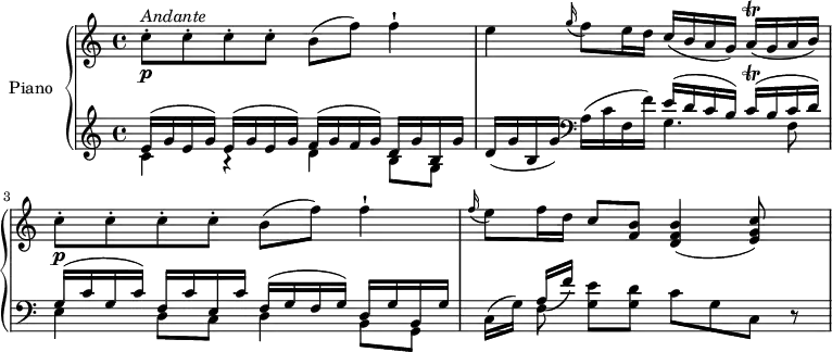 \version "2.18.2"
\header {
tagline = ##f
}
upper = \relative c' {
\clef treble
\key c \major
\time 4/4
\tempo "Andante"
\tempo 4 = 65
%\autoBeamOff
c'8-. \p ^\markup { \italic {Andante } } c-. c-. c-. b (f') f4-!
e \grace g16 (f8) e16 d c (b a g) a\trill (g a b)
c8-. \p c-. c-. c-. b (f') f4-!
\grace f16 (e8) f16 d c8 <f, b> <d f b>4 (<e g c>8)
}
lower = \relative c {
\clef bass
\key c \major
\time 4/4
\clef treble
\set Staff.midiMinimumVolume = #0.2 \set Staff.midiMaximumVolume = #0.5
<< { \stemDown c'4 a \rest d b8 g} \\ {\stemUp e'16 ^(g e g) e ^(g e g) f ^(g f g) d g b, g'} >>
d (g b, g') \clef bass a, (c f, f')
<< { \stemDown g,4. f8 e4 d8 c d4 b8 g} \\ {\stemUp e''16 ^(d c b) c^ \trill ^ (b c d) g, ^(c g c) f, c' e, c' f, ^(g f g) d g b, g'} >>
c,16 (g') << { \stemDown f8 } \\ {\stemUp a16 (f')} >> <g, e'>8 <g d'> c g c, r
}
\score {
\new PianoStaff <<
\set PianoStaff.instrumentName = #"Piano"
\new Staff = "upper" \upper
\new Staff = "lower" \lower
>>
\layout {
\context {
\Score
\remove "Metronome_mark_engraver"
}
}
\midi { }
}