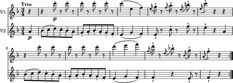 <<
\new Staff \with { instrumentName = #"V1 "} \relative c' {
\version "2.18.2"
\key f \major
\tempo "Trio"
\tempo 4 = 130
\time 3/4
\partial 4 r4 r4 c''8-.\p r c-. r c-. r c-. r c-. r
c4 (e, f)
\grace e16 (g8-!) r \grace f16 (a8-!) r \grace d,16 (b'8-!) r
\grace e,16 (c'4-!) r r
r c8-. r c-. r c-. r c-. r c-. r
d4 (e f)
\grace f,16 (d'8-!) r \grace d,16 (bes'!8-!) r \grace bes,16 (g'8-!) r
\grace a,16 (f'4-!) r
\bar ":|."
}
\new Staff \with { instrumentName = #"V2 "}
\relative c'' {
\key f \major
\clef "treble"
\time 3/4
\partial 4 a4\p bes8 (c d) c-. bes-. a-.
g-. a-. bes-. a-. g-. f-.
e4 (g f)
e8-! r c'-! r f-! r
e4-! r a,
bes8 (c d) c-. bes-. a-.
g-. a-. bes-. a-. g-. f-.
e4 (g f) f-! r e8-! r
f4-! r
\bar ":|."
}
>>
