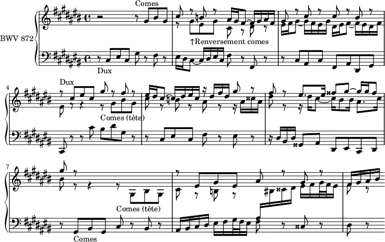 
\version "2.18.2"
\header {
  tagline = ##f
}

Dux        = { r8-\markup{Dux} cis8 eis cis gis' r8 fis r8 | eis16 dis cis8~ cis16 dis eis cis }
DuxTête    = { r8^\markup{Dux court} cis8 eis cis gis' r8 fis }
Comes      = { b8\rest-\markup{Comes} gis8 bis gis cis r8 b r8 ais16 gis fis8~ fis16 gis ais fis }
ComesTête  = { r8_\markup{Comes (tête)} gis8 bis gis cis r8 b r8 }
Semoc      = { r8 gis8_\markup{↑Renversement comes} eis gis cis, r8 dis r8 | eis16 fis gis8~ gis16 fis eis gis }
Xud        = { r8^\markup{Renversement dux} cis8 ais cis fis, r8 }
XudTête    = { r8^\markup{Renversement dux (tête)} cis8 ais cis fis }

upper = \relative c'' {
  \clef treble 
  \key cis \major
  \time 4/4
  \tempo 4 = 69
  \set Staff.midiInstrument = #"harpsichord" 

   %% FUGUE CBT II-3, BWV 872, ut-dièse majeur
   << { b2\rest \Comes gis8 r8 cis r8 cis r8 bis r8 } \\ { s1 \Semoc dis16 eis fis8~ fis16 eis dis fis } >>
   << { \relative c'' \Dux r16 dis'16 fis dis gis8 r8 fis8 r8 eis8. eis16 fisis8 gis~ gis16 gis fisis8 gis r8 } \\ { eis,8 fisis8\rest fisis4\rest \ComesTête ais8 r8 r16 ais16 cisis ais dis8 r8 r16 dis16 cis8~ cis16 bis8 bis16 ais8. cis16 bis8 r8 r4 } >>
   << { s2 r8 \relative c' eis8 gis eis ais r8 gis r8 fis16 gis ais bis } \\ { \relative c' \ComesTête \stemUp \change Staff = "lower" ais,16 \stemDown \change Staff = "upper" bis16 cisis dis eis fis gis32 fis eis16 fis8 r8 } >>
   
}

lower = \relative c {
  \clef bass 
  \key cis \major
  \time 4/4
  \set Staff.midiInstrument = #"harpsichord" 
    
   \Dux fis8 r8 fis, r8 
   r8 cis'8 ais cis fis, ais dis, gis cis, r8 r8 cis''8 bis dis gis, r8 r8 cis,8 eis cis fis r8 eis r8
   r16 dis bis dis gisis,8 ais dis, eis cis dis 
   r8 gis8-\markup{Comes} bis gis cis r8 bis r8 | ais16 bis cis dis eis fis gis32 fis eis16 fis8 r8 cisis r8 | dis r8
    
} 

\score {
  \new PianoStaff <<
    \set PianoStaff.instrumentName = #"BWV 872"
    \new Staff = "upper" \upper
    \new Staff = "lower" \lower
  >>
  \layout {
    \context {
      \Score
      \remove "Metronome_mark_engraver"
    }
  }
  \midi { }
}
