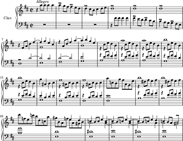 \version "2.18.2"
\header {
tagline = ##f
% composer = "Domenico Scarlatti"
% opus = "K. 443"
% meter = "Allegro"
}
%% les petites notes
trillFis = { \tag #'print { fis4\prall } \tag #'midi { g32 fis g fis~ fis8 } }
trillD = { \tag #'print { d4\prall } \tag #'midi { e32 d e d~ d8 } }
trillA = { \tag #'print { a4\prall } \tag #'midi { b32 a b a~ a8 } }
trillFis = { \tag #'print { fis4\prall } \tag #'midi { g32 fis g fis~ fis8 } }
trillB = { \tag #'print { b4\prall } \tag #'midi { cis32 b cis b~ b8 } }
trillG = { \tag #'print { g4\prall } \tag #'midi { a32 g a g~ g8 } }
%trillDr = { \tag #'print { d1\prall } \tag #'midi { \repeat unfold 8 { e16 d } } }
trillDr = { \tag #'print { d1\prall } \tag #'midi { e32 d e d e d~ d16~ d2. } }
trillBb = { \tag #'print { b2\prall } \tag #'midi { c32 b c b~ b8~ b4 } }
upper = \relative c'' {
\clef treble
\key d \major
\time 2/2
\tempo 2 = 76
\set Staff.midiInstrument = #"harpsichord"
\override TupletBracket.bracket-visibility = ##f
s8*0^\markup{Allegro}
r4 a'8 a a4 a | \trillA g8 fis \trillFis e8 d | \trillD cis8 b cis4 d8 e | \repeat unfold 3 { \trillDr }
% ms. 7
r4 fis,8 a d4 << { fis4~ | fis g e cis | r4 a8 d fis4 a~ | a b g e } \\ { s4 g,1 s1 | b1 } >>
% ms. 11
<< { s1 | a'1 a b b } \\ { \repeat unfold 5 { r4 cis,8 e d4 b } } >>
% ms. 16
g'4 ais,b cis << { fis1 fis } \\ { \repeat unfold 2 { r4 ais,8 cis b4 cis } } >> | a'8 c, b g' fis a, g e' |
% ms. 20
<< { b'1 b } \\ { \repeat unfold 2 { r4 dis,8 fis e4 fis } } >> | d'8 f, e c' b d, c a' | gis b, a f'
<< { e4 d | c b8 c e4 c~ | c4 b8 c e4 c4~ | c b8 c e4 d | c b8 a \trillBb }
\\ { e8 a, gis b | a2. a4~ | a2. a4~ a2. a4 a2 gis } >>
% ms. 25
}
lower = \relative c' {
\clef bass
\key d \major
\time 2/2
\set Staff.midiInstrument = #"harpsichord"
\override TupletBracket.bracket-visibility = ##f
% ************************************** \appoggiatura \repeat unfold 2 { } \times 2/3 { }
R1*3 | r4 fis8 fis fis4 fis | \trillFis e8 d \trillD cis8 b | \trillB a8 g \trillG fis8 e |
% ms. 7
<< { r2 d'2~ | d cis | d2~ | d e } \\ { d,1 e fis g } >>
% ms. 11
<< { \repeat unfold 3 { r4 e'8 g fis4 g } | \repeat unfold 2 { r4 e8 g fis4 d } } \\ { a1 a a g g } >>
% ms. 16
<< { e'4 cis d e | \repeat unfold 2 { r4 cis8 e d4 e } | e1 } \\ { g,1 fis fis fis } >>
% ms. 20
<< { \repeat unfold 2 { r4 fis'8 a g4 a } | a1 d, dis } \\ { b1 b b e, e } >>
% ms. 25
< e e' >1 < e dis' > < e e' >
}
thePianoStaff = \new PianoStaff <<
\set PianoStaff.instrumentName = #"Clav."
\new Staff = "upper" \upper
\new Staff = "lower" \lower
>>
\score {
\keepWithTag #'print \thePianoStaff
\layout {
#(layout-set-staff-size 17)
\context {
\Score
\override SpacingSpanner.common-shortest-duration = #(ly:make-moment 1/2)
\remove "Metronome_mark_engraver"
}
}
}
\score {
\keepWithTag #'midi \thePianoStaff
\midi { }
}