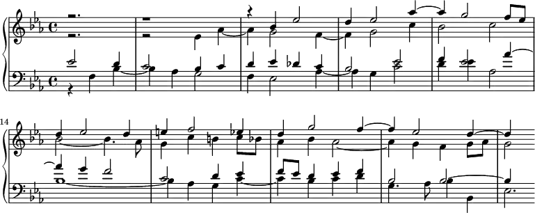 \version "2.18.2"
\header {
tagline = ##f
}
upper = \relative c'' {
\clef treble
\key ees \major
\time 4/4
\tempo 4 = 60
\set Score.currentBarNumber = #10
%\context Score \applyContext #(set-bar-number-visibility 4)
\bar ""
\set Staff.midiInstrument = #"harpsichord"
%% PRÉLUDE CBT I-7, BWV 852, mi-bémol majeur
<< { r2. r1 r4 bes4 ees2 d4 ees2 aes4~ aes g2 f8 ees d4 ees2 | d4 e f2 ees4 d g2 f4~ f ees2 d4~ d } \\ { r2. r2 ees,4 aes~ aes g2 f4~ f g2 c4 bes2 c bes~ bes4. aes8 g4 c b c8 bes aes4 bes aes2~ | aes4 g f g8 aes g2*1/4 } >>
}
lower = \relative c' {
\clef bass
\key ees \major
\time 4/4
\set Staff.midiInstrument = #"harpsichord"
\partial 2.
<< { ees2 d4 c2 bes4 c d ees des c bes2 ees f4 ees2 aes4~ aes g f2 c d4 ees f8 ees d4 ees f bes,2 bes~ | bes4 } \\ { r4 f4 bes~ bes aes g2 f4 ees2 aes4~ aes g c2 d4 ees4 aes,2 bes1~ bes4 aes g c~ c bes c d g,4. aes8 bes4 bes, | ees2.*1/6 } >>
}
\score {
\new PianoStaff <<
\set PianoStaff.instrumentName = #""
\new Staff = "upper" \upper
\new Staff = "lower" \lower
>>
\layout {
indent = #0
\context {
\Score
\remove "Metronome_mark_engraver"
}
}
\midi { }
}