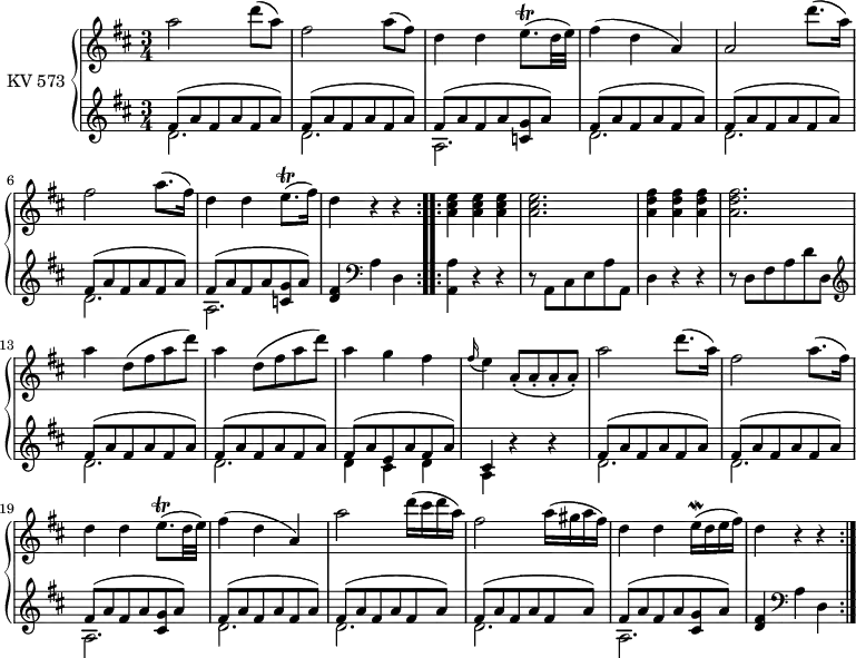 \version "2.18.2"
\header {
  tagline = ##f
}
upper = \relative c'' { 
        \version "2.18.2"
         \clef "treble"          
         \key d \major
         \time 3/4 
         \tempo 4 = 120                 
         \set Staff.midiInstrument = #"piano"
  \repeat volta 2 {
    a'2 d8 (a)
    fis2 a8 (fis)
    d4 d e8.  \trill (d32 e)
    fis4 (d a)
    a2 d'8. (a16)
    fis2 a8. (fis16)
    d4 d e8. \trill (fis16)
    d4 r r
          }
  \repeat volta 2 { 
    \repeat  unfold 3 {<a cis e>4}
    <a cis e>2.
    \repeat  unfold 3 {<a d fis>4}
    <a d fis>2.
    \repeat  unfold 2 {a'4 d,8 (fis a d)}
    a4 g fis
    \grace fis16 (e4) a,8-. (a-. a-. a-.)
    a'2 d8. (a16)
    fis2 a8. (fis16)
    d4 d e8. \trill (d32 e)
    fis4 (d a)
    a'2 d16 (cis d a)
    fis2 a16 (gis a fis)
    d4 d e16\mordent (d e fis)
    d4 r r
       }
}
lower = \relative c {
        \clef "bass" 
        \key d \major
        \time 3/4 
        \set Staff.midiInstrument = #"piano"
        \set Staff.midiMinimumVolume = #0.2 
        \set Staff.midiMaximumVolume = #0.5
  \repeat volta 2 { \clef "treble"
     \repeat  unfold 2 { <<{\stemDown d'2.} \\ {\stemUp fis8 ^(a fis a fis a)}>> }
     <<{\stemDown a,2.} \\ {\stemUp fis'8 ^(a fis a <c, g'> a')}>>
     \repeat  unfold 3 { <<{\stemDown d,2.} \\ {\stemUp fis8 ^(a fis a fis a)}>> }
     <<{\stemDown a,2.} \\ {\stemUp fis'8 ^ (a fis a <c, g'> a')}>>
     <d, fis>4  \clef "bass" a d,
  } 
  \repeat volta 2 {
    <a a'>4 r r
    r8 a cis e a a,
    d4 r r
    r8 d fis a d d,
    \clef "treble"
    \repeat  unfold 2 { <<{\stemDown d'2.} \\ {\stemUp fis8 ^(a fis a fis a)}>> }
    <<{\stemDown d,4 cis d a} \\ {\stemUp fis'8 ^(a e a fis a) cis,4 }>> r4 r
    \repeat  unfold 2 { <<{\stemDown d2.} \\ {\stemUp fis8 ^(a fis a fis a)}>> }
    <<{\stemDown a,2.} \\ {\stemUp fis'8 ^(a fis a <cis, g'> a')}>>
    \repeat  unfold 3 { <<{\stemDown d,2.} \\ {\stemUp fis8 ^(a fis a fis a)}>> }
    <<{\stemDown a,2.} \\ {\stemUp fis'8 ^ (a fis a <cis, g'> a')}>>
    <d, fis>4  \clef "bass" a d,
}
}
\score {
  \new PianoStaff <<
    \set PianoStaff.instrumentName = #"KV 573"
    \new Staff = "upper" \upper
    \new Staff = "lower" \lower
  >>
  \layout {
    \context {
      \Score
      \remove "Metronome_mark_engraver"
    }
  }
  \midi { }
}