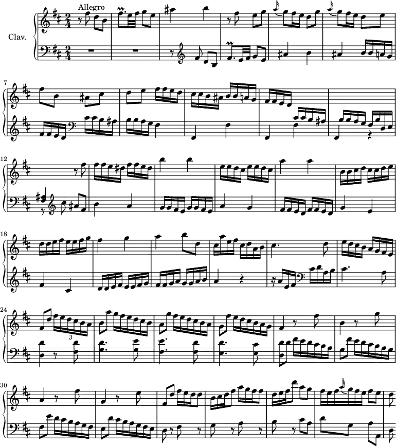 
\version "2.18.2"
\header {
  tagline = ##f
  % composer = "Domenico Scarlatti"
  % opus = "K. 227"
  % meter = "Allegro"
}

%% les petites notes
trillFisqpUp     = { \tag #'print { fis'8.\prall } \tag #'midi { g32 fis g fis~ fis16 } }

upper = \relative c'' {
  \clef treble 
  \key b \minor
  \time 2/4
  \tempo 4 = 92
  \set Staff.midiInstrument = #"harpsichord"
  \override TupletBracket.bracket-visibility = ##f

      s8*0^\markup{Allegro}
      r8 fis8 d b | \trillFisqpUp e32 fis g8 e | ais4 b | r8 fis8 e g | \appoggiatura a16 g8 fis16 e d8 g |
      % ms. 6
      \appoggiatura a16 g8 fis16 e d8 e | fis b, ais cis | d e fis16 fis e d | cis cis b ais b b a g | fis fis e d \stemUp  \change Staff = "lower" cis cis b ais |
      % ms. 11
      b16 b a g fis b d, e | < fis ais >4 \stemNeutral  \change Staff = "upper" r8 fis''8 | fis16 fis e dis fis fis e dis | b'4 b | \repeat unfold 2 { e,16 e d cis }
      % ms. 16
      a'4 a | b,16 b cis d cis cis d e | d d e fis e e fis g | fis4 g | a b8 d, |
      % ms. 21
      cis16 a' e fis cis d a b | cis4. d8 | e16 d cis b a g fis e | fis8 d' \times 2/3 { fis16[ e d cis b a] } | b8 a'  \omit TupletNumber \times 2/3 { g16[ fis e d cis b] }
      % ms. 26
      a8 g' \times 2/3 { fis16[ e d cis b a] } | g8 fis' \times 2/3 { e16[ d cis b a g] } | fis4 r8 fis'8 | b,4 r8 g'8 |
      % ms. 30
      a,4 r8 fis'8 | g,4 r8 e'8 | fis,8 d' \times 2/3 { fis16 e d } d8 | \times 2/3 { b16 cis d } fis8 \times 2/3 { a16 g fis} fis8 | \times 2/3 { d16 e fis } d'8 a8 g |
      % ms. 35
      \times 2/3 { fis16 e fis \appoggiatura a16 g fis e } fis8 e | d8

}

lower = \relative c' {
  \clef bass
  \key b \minor
  \time 2/4
  \set Staff.midiInstrument = #"harpsichord"
  \override TupletBracket.bracket-visibility = ##f

    % ************************************** \appoggiatura a16  \repeat unfold 2 {  } \times 2/3 { }   \omit TupletNumber 
      R2*2 | r8   \clef treble  fis8 d b | \trillFisqpUp e32 fis g8 e | ais4 b |
      % ms. 6
      ais4 b16 b a g | fis fis e d  \clef bass | cis cis b ais | b b a g \repeat unfold 3 { fis4 | fis,4 }
      % ms. 11 suite
      r4 | r8   \clef treble  cis'''8 ais fis | b4 a | \repeat unfold 2 { g16 g fis e } | a4 g |
      % ms. 16
      \repeat unfold 2 { fis16 fis e d } | g4 e | fis cis | d16 d e fis e e fis g | fis fis g a g g a b |
      % ms. 21
      a4 r4 | r16 a16 e fis   \clef bass cis d a b | cis4. a8 | < d, d' >4 r8 < fis d' >8 | < g d' >4. < g e' >8 |
      % ms. 26
      < fis e' >4. < fis d' >8 | < e d' >4. < e cis' >8 | < d d' >8 d' \omit TupletNumber  \times 2/3 { fis16[ e d cis b a] } | g8 fis' |  \times 2/3 { e16[ d cis b a g] } |
      % ms. 30
      fis8 e' \times 2/3 { d16[ cis b a g fis] } | e8 d' \times 2/3 { cis16[ b a g fis e] } | d8 r8 fis8 r8 | g8 r8 a8 r8 | b8 r8 cis8 a |
      % ms. 35
      d8 g, a a, | d8

}

thePianoStaff = \new PianoStaff <<
    \set PianoStaff.instrumentName = #"Clav."
    \new Staff = "upper" \upper
    \new Staff = "lower" \lower
  >>

\score {
  \keepWithTag #'print \thePianoStaff
  \layout {
      #(layout-set-staff-size 17)
    \context {
      \Score
     \override SpacingSpanner.common-shortest-duration = #(ly:make-moment 1/2)
      \remove "Metronome_mark_engraver"
    }
  }
}

\score {
  \keepWithTag #'midi \thePianoStaff
  \midi { }
}
