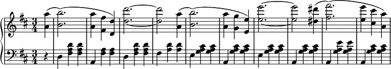 {
 \new PianoStaff <<
  \new Staff {\key b \minor \time 3/4 \set Score.tempoHideNote = ##t \tempo 2. = 52 \relative c' { \partial 4 <a' a'>( <b b'>2.)( <a a'>4 <fis fis'> <d d'>) <d' d'>2.~ <d d'>2 <a a'>4( <b b'>2.)( <a a'>4 <g g'> <e e'>) <e' e'>2.~ <e e'>2 <dis dis'>4( <fis fis'>2.)( <e e'>4 <cis cis'> <a a'>)}}

  \new Staff {\clef bass \key b \minor \time 3/4 \partial 4 \relative c {r4 d4 <fis a d> q a, <fis' a> q d <fis a d> q fis <a d> q e <g a cis> q a, <g' a cis> q e <g a cis> q a, <g' a cis> q a, <g' a e'> q a, <g' a cis> q}}
>>
}