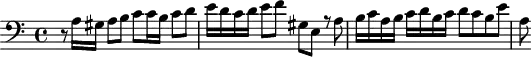 \version "2.18.2"
\header {
tagline = ##f
}
\score {
\new Staff \with {
}
<<
\relative c' {
\clef bass
\key a \minor
\time 4/4
%% SUJET fugue CBT I-20, BWV 865, la mineur
r8 a16 gis a8 b c c16 b c8 d e16 d c d e8 f gis,8 e a8\rest a8 b16 c a b c16 d b c d8 c b e a,
}
>>
\layout {
\context { \Score \remove "Metronome_mark_engraver"
\override SpacingSpanner.common-shortest-duration = #(ly:make-moment 1/2)
}
}
\midi {}
}