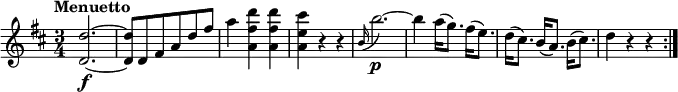 \relative c'' {
\version "2.18.2"
\key d \major
\tempo "Menuetto"
\time 3/4
\tempo 4 = 160
<d, d'>2.\f ~
<d d'>8 d8 fis a d fis
a4 <a, fis' d'> <a fis' d'>
<a e' cis'> r4 r4
\grace b16 (b'2.)\p ~
b4 a16 (g8.) fis16 (e8.)
d16 (cis8.) b16 (a8.) b16 (cis8.)
d4 r4 r4 \bar ":|."
}