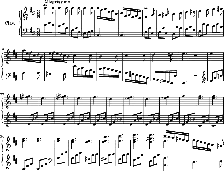 
\version "2.18.2"
\header {
  tagline = ##f
  % composer = "Domenico Scarlatti"
  % opus = "K. 359"
  % meter = "Allegrissimo"
}

%% les petites notes
trillAUp     = { \tag #'print { a'4\prall } \tag #'midi { b32 a b a~ a8 } }
trillFis     = { \tag #'print { fis4\prall } \tag #'midi { g32 fis g fis~ fis8 } }

upper = \relative c'' {
  \clef treble 
  \key d \major
  \time 3/8
  \tempo 4. = 88
  \set Staff.midiInstrument = #"harpsichord"
  \override TupletBracket.bracket-visibility = ##f

      s8*0^\markup{Allegrissimo}
      \trillAUp a8 | \repeat unfold 3 { a4 a8 } | a16 fis g d e b | cis g a fis g e |
      % ms. 7
      \trillFis a8 | a4 ais8 | b4 cis8 | d4 dis8 | e4 fis8 | g4 gis8 | a16 e fis cis d b |
      % ms. 14
      e16 fis e d cis b | cis4 cis8 | b4 b8 | cis4 cis8 | d4 dis8 | e4. R4. |
      % ms. 21
      \repeat unfold 2 { e4. < f gis >4. } | e4. fis | \repeat unfold 2 { d4. < ees fis > }
      % ms. 31
      g4. \repeat unfold 5 { < e g >4. } |
      % ms. 37
      < d fis >4. < d e > < d e b' > < e cis' > < d fis d' > < d gis d' > | << { cis'16 b a gis fis e } \\ { e4. } >>
      % ms. 44
      fis16 e d cis b a | gis8

}

lower = \relative c' {
  \clef bass
  \key d \major
  \time 3/8
  \set Staff.midiInstrument = #"harpsichord"
  \override TupletBracket.bracket-visibility = ##f

    % ************************************** \appoggiatura a16  \repeat unfold 2 {  } \times 2/3 { }   \omit TupletNumber 
      d8 fis d | cis e a, | fis a d, | cis d e | \repeat unfold 2 { a,4. } 
      % ms. 7
      \repeat unfold 2 { d8 a' cis, } | b8 b' a | g b fis | e e' d | cis e b | a4 a8 |
      % ms. 14
      gis4 gis8 | a'16 e fis cis d b | e fis e d cis b | a gis fis e d cis | b a gis fis e e' | e,4.  \bar "||" R4. |   \clef treble 
      % ms. 21
      \repeat unfold 2 { e''8 a c | e, b' d } | e, a c | d, a' c | \repeat unfold 2 { d, g bes | d, a' c } |
      % ms. 31
      d, g bes | \repeat unfold 2 { cis, g' a } | \repeat unfold 2 { b, e g } |   \clef bass a,8 e' g |
      % ms. 37
      a,8 d fis | \repeat unfold 2 { gis, d' e } | g, d' e | fis, a d | e, b' d | < a, a' >4. 
      % ms. 44
      d4. | e8

}

thePianoStaff = \new PianoStaff <<
    \set PianoStaff.instrumentName = #"Clav."
    \new Staff = "upper" \upper
    \new Staff = "lower" \lower
  >>

\score {
  \keepWithTag #'print \thePianoStaff
  \layout {
      #(layout-set-staff-size 17)
    \context {
      \Score
     \override SpacingSpanner.common-shortest-duration = #(ly:make-moment 1/2)
      \remove "Metronome_mark_engraver"
    }
  }
}

\score {
  \keepWithTag #'midi \thePianoStaff
  \midi { }
}
