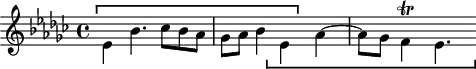 \version "2.18.2"
\header {
tagline = ##f
}
\score {
\new Staff \with {
}
<<
\relative c'' {
\clef treble
\key ees \minor
\time 4/4
%% SUJET fugue CBT I-8, BWV 853, ré-dièse mineur
\stemDown ees,4^\markup { \stencil #(ly:bracket X '(-1 . 28) 0.2 -1) }
bes'4. ces8 bes aes | ges aes bes4
ees,_\markup { \stencil #(ly:bracket X '(-2 . 28) 0.2 1) }
aes~ aes8 ges f4\trill ees4.
}
>>
\layout {
\context { \Score \remove "Metronome_mark_engraver"
\consists "Horizontal_bracket_engraver"
%\override SpacingSpanner.common-shortest-duration = #(ly:make-moment 1/2)
}
}
\midi {}
}