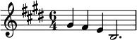 \relative c'' {\time 6/4 \key e \major gis4 fis e b2. |}