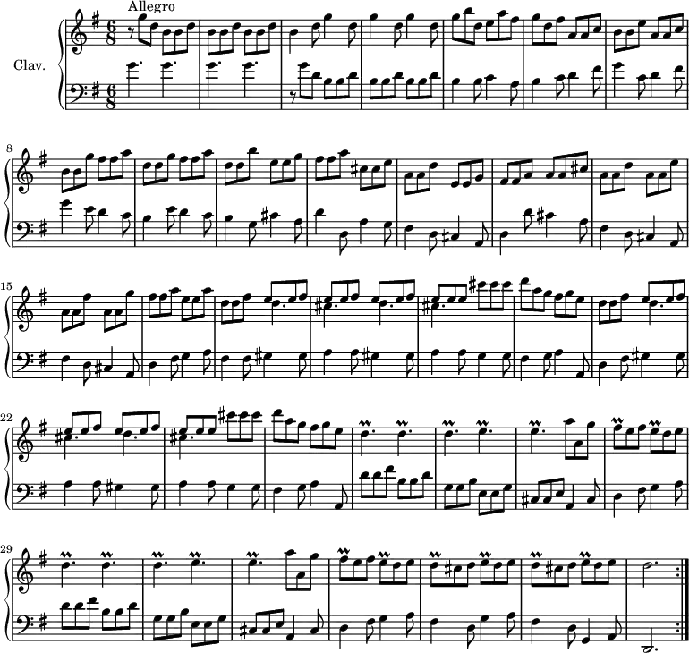 
\version "2.18.2"
\header {
  tagline = ##f
  % composer = "Domenico Scarlatti"
  % opus = "K. 375"
  % meter = "Allegro"
}

%% les petites notes
trillDp      = { \tag #'print { d4.\prall } \tag #'midi { e32 d e d~ d4 } }
trillEp      = { \tag #'print { e4.\prall } \tag #'midi { fis32 e fis e~ e4 } }
trillFisq    = { \tag #'print { fis8\prall } \tag #'midi { g32 fis g fis } }
trillEq      = { \tag #'print { e8\prall } \tag #'midi { fis32 e fis e } }
trillDq      = { \tag #'print { d8\prall } \tag #'midi { e32 d e d } }

upper = \relative c'' {
  \clef treble 
  \key g \major
  \time 6/8
  \tempo 4. = 112

   \repeat volta 2 {
      s8*0^\markup{Allegro}
      r8 g'8 d \repeat unfold 3 { b b d } | b4 d8 \repeat unfold 3 { g4 d8 } | 
      % ms. 5
      g8 b d, e a fis | g d fis a, a c | b b e a, a c | b b g' fis fis a |
      % ms. 9
      d,8 d g fis fis a | d, d b' e, e g | fis fis a cis, cis e | a, a d e, e g |
      % ms. 13
      fis fis a a a cis | a a d a a e' | a, a fis' a, a g' | fis fis a  e e a |
      % ms. 17
      \repeat unfold 2 { d,8 d fis << { \repeat unfold 3 { e8 e fis} e e e } \\ { d4. | cis d | cis } >> cis'8 cis cis | d a g fis g e } | \repeat unfold 2 { \trillDp \trillDp | 
      % ms. 25
      \trillDp \trillEp | \trillEp  a8 a, g' | \trillFisq e8 fis \trillEq d8 e } |
      % ms. 33
      \repeat unfold 2 { \trillDq cis8 d \trillEq d8 e } | d2. }%repet 

}

lower = \relative c' {
  \clef bass
  \key g \major
  \time 6/8

   \repeat volta 2 {
    % ************************************** \appoggiatura a16  \repeat unfold 2 {  } \times 2/3 { }   \omit TupletNumber 
      g'4. g | g g | r8 g8 d \repeat unfold 3 { b b d } |
      % ms. 5
      b4 b8 c4 a8 | b4 \repeat unfold 2 { c8 d4 fis8 | g4 } \repeat unfold 2 { e8 d4 c8 | 
      % ms. 10
      b4 } g8 cis4 a8 | d4 d,8 a'4 g8 | fis4 d8 cis4 a8 |
      % ms. 13
      d4 d'8 cis4 a8 | \repeat unfold 2 { fis4 d8 cis4 a8 } | d4 fis8 g4 a8 |
      % ms. 17
      fis4 fis8 gis4 gis8 | a4 a8 gis4 gis8 | a4 a8 g4 g8 | fis4 g8 a4 a,8 |
      % ms. 21
      d4 fis8 gis4 gis8 | a4 a8 gis4 gis8 | a4 a8 g4 g8 | fis4 g8 a4 a,8 | \repeat unfold 2 { d'8 d fis b, b d |
      % ms. 26
      g,8 g b e, e g | cis, cis e  a,4 cis8 | d4 fis8 g4 a8 } |
      % ms. 33
      fis4 d8 g4 a8 | fis4 d8 g,4   \tempo 4. = 92 a8 d,2.   \tempo 4. = 112 }%repet


}

thePianoStaff = \new PianoStaff <<
    \set PianoStaff.instrumentName = #"Clav."
    \new Staff = "upper" \upper
    \new Staff = "lower" \lower
  >>

\score {
  \keepWithTag #'print \thePianoStaff
  \layout {
      #(layout-set-staff-size 17)
    \context {
      \Score
     \override TupletBracket.bracket-visibility = ##f
     \override SpacingSpanner.common-shortest-duration = #(ly:make-moment 1/2)
      \remove "Metronome_mark_engraver"
    }
  }
}

\score {
  \unfoldRepeats
  \keepWithTag #'midi \thePianoStaff
  \midi { \set Staff.midiInstrument = #"harpsichord" }
}
