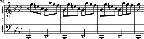 \version "2.18.2"
\header {
  tagline = ##f
}
upper = \relative c'' {
  \clef treble 
  \key f \minor
  \time 2/2
  \tempo 2 = 110
  \set Staff.midiInstrument = #"harpsichord"
  \set Score.currentBarNumber = #79
  \omit Staff.TimeSignature
    \bar ""
     r8 g'8 e c bes aes' g f | \repeat unfold 2 { bes, g'8 e c bes aes' g f } | g8
}
lower = \relative c {
  \clef bass
  \key f \minor
  \time 2/2
  \set Staff.midiInstrument = #"harpsichord"
  \omit Staff.TimeSignature
    % **************************************
     \repeat unfold 3 { c,2 des } | c4
}
thePianoStaff = \new PianoStaff <<
    \set PianoStaff.instrumentName = #""
    \new Staff = "upper" \upper
    \new Staff = "lower" \lower
  >>
\score {
  \keepWithTag #'print \thePianoStaff
  \layout {
    indent = #0
      #(layout-set-staff-size 17)
    \context {
      \Score
     \override SpacingSpanner.common-shortest-duration = #(ly:make-moment 1/2)
      \remove "Metronome_mark_engraver"
    }
  }
}
\score {
  \keepWithTag #'midi \thePianoStaff
  \midi { }
}