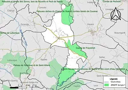 Carte des ZNIEFF de type 1 sur la commune.