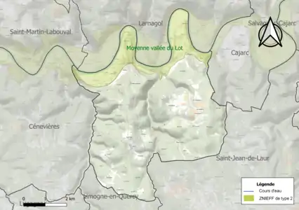 Carte de la ZNIEFF de type 2 sur la commune.