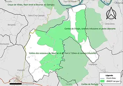 Carte des ZNIEFF de type 1 sur la commune.