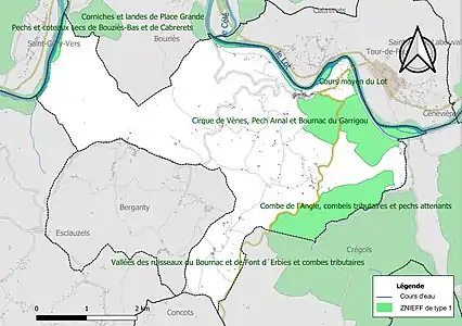 Carte des ZNIEFF de type 1 sur la commune.