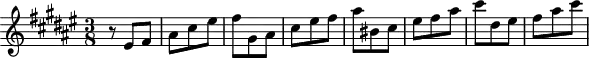 \header {
tagline = ##f
}
\score {
\new Staff \with {
}
<<
\relative c' {
\clef treble
\key fis \major
\time 3/8
\tempo 8 = 128
%\autoBeamOff
\set Staff.midiInstrument = #"string ensemble 1"
%%%%%%%%%%%%%%%%%%%%%%%%%% AB 9-2 th2
r8 eis8 fis ais cis eis fis gis, ais cis eis fis ais bis, cis eis fis ais cis dis, eis fis ais cis
}
>>
\layout {
\context { \Score \remove "Metronome_mark_engraver"
}
}
\midi {}
}