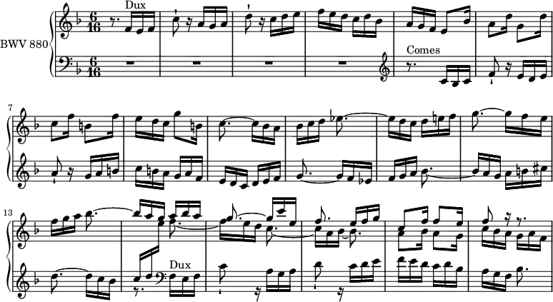 \version "2.18.2"
\header {
tagline = ##f
}
Dux = { f16^\markup{Dux} e f | c'8-! r16 a g a | d8-! r16 c d e | f e d c d bes | a g f }
Comes = { r8.^\markup{Comes} c16 bes c | f8-! r16 e d e | a8-! r16 g a b | c b a g a f | e d c }
upper = \relative c' {
\clef treble
\key f \major
\time 6/16
\tempo 8. = 96
\set Staff.midiInstrument = #"harpsichord"
%% FUGUE CBT II-11, BWV 880, fa majeur
r8. \Dux e8 bes'16 | a8 d16 g,8 d'16 c8 f16 b,8 f'16 | e16 d c | g'8 b,16 | c8.~ c16 bes a | bes c d ees8.~ | ees16 d c d e f | g8.~ g16 f e | f g a bes8.~ | \stemUp bes16 a g
<< { a bes a | g8.~ g16 c e, f8. e16 f g | c,8 f16 f8 e16 f8 r16 r8. } \\ { f8.~ f16 e d c8.~ c16 a bes~ bes8. | a8 bes16 a8 g16 c bes a g a f } >>
}
lower = \relative c {
\clef bass
\key f \major
\time 6/16
\set Staff.midiInstrument = #"harpsichord"
R4.*4 \clef treble \relative c' \Comes d'16 e f g8.~ g16 f ees | f g a bes8.~ bes16 a g a b cis d8.~ d16 c bes
<< { c16 d \stemDown \change Staff = "upper" e } \\ { r8. \change Staff = "lower" \clef bass \relative c \Dux bes,8. } >>
}
\score {
\new PianoStaff <<
\set PianoStaff.instrumentName = #"BWV 880"
\new Staff = "upper" \upper
\new Staff = "lower" \lower
>>
\layout {
\context {
\Score
\remove "Metronome_mark_engraver"
\override SpacingSpanner.common-shortest-duration = #(ly:make-moment 1/2)
}
}
\midi { }
}