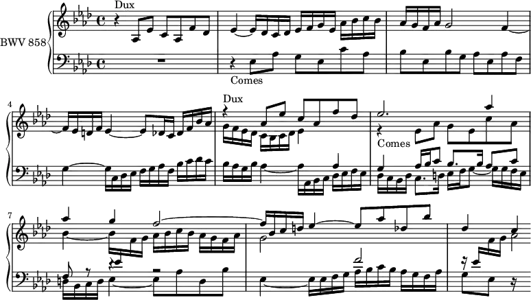 \version "2.18.2"
\header {
tagline = ##f
}
Dux = { r4^\markup{Dux} aes8 ees' c aes f' des }
Comes = { r4_\markup{Comes} ees8 aes g ees c' aes }
upper = \relative c' {
\clef treble
\key aes \major
\time 4/4
\tempo 4 = 52
\set Staff.midiInstrument = #"harpsichord"
%% FUGUE CBT I-17, BWV 858, la bémol majeur
\Dux | ees4~ ees16 des c des ees f g ees aes bes c bes | aes g f aes g2 f4~ f16 ees d f ees4~ ees8 des16 c des f bes aes
<< { \Dux ees2. aes4 aes g f2~ f16 bes, c d ees4~ees8 aes des, bes' des,4 c4*1/2 }
\\ { g16 f ees des c bes c des ees4 s4 \Comes bes4~ bes16 \stemUp \change Staff = "lower" ees, \stemDown \change Staff = "upper" f g aes bes c bes aes g f aes g2 \stemUp \change Staff = "lower" f2 f16\rest ees16 \stemDown \change Staff = "upper" f16 g aes2*1/4 } >>
}
lower = \relative c {
\clef bass
\key aes \major
\time 4/4
\set Staff.midiInstrument = #"harpsichord"
R1 \Comes bes8 ees, bes' g aes ees aes f g4~ g16 c, des ees f g aes f bes c des c
<< { s2. aes4 g aes16 bes c8 bes8. bes16 aes8 c f,8 r8 r4 r2 } \\ { bes16 aes g bes aes4~ aes16 aes, bes c des ees f ees des c bes des c8. d16 ees f g8~ g16 g f ees d bes c d ees4~ ees8 aes d, bes' ees,4~ ees16 ees f g aes bes c bes aes g f aes g8 ees d16\rest s16 } >>
}
\score {
\new PianoStaff <<
\set PianoStaff.instrumentName = #"BWV 858"
\new Staff = "upper" \upper
\new Staff = "lower" \lower
>>
\layout {
\context {
\Score
\remove "Metronome_mark_engraver"
\override SpacingSpanner.common-shortest-duration = #(ly:make-moment 1/2)
}
}
\midi { }
}
