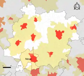 Localisation de l'aire d'attraction de Nérac dans le département de Lot-et-Garonne.