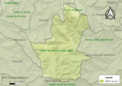 Carte des ZNIEFF de type 2 sur la commune.