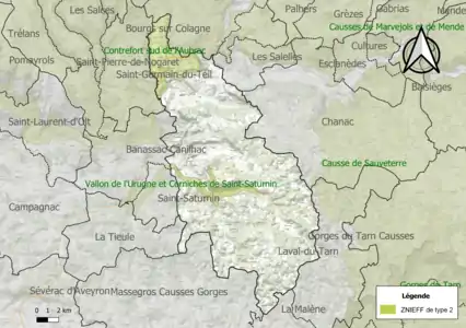 Carte des ZNIEFF de type 2 sur la commune.