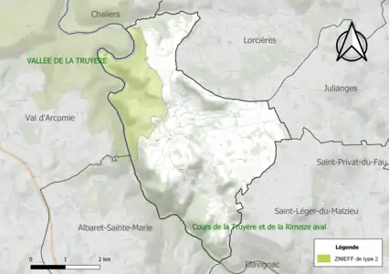 Carte des ZNIEFF de type 2 sur la commune.