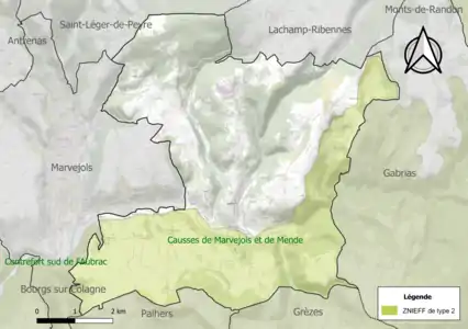 Carte de la ZNIEFF de type 2 sur la commune.