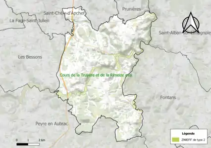 Carte de la ZNIEFF de type 2 sur la commune.