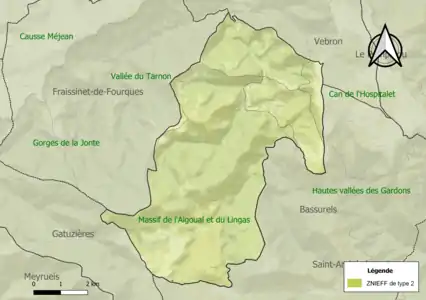 Carte des ZNIEFF de type 2 sur la commune.