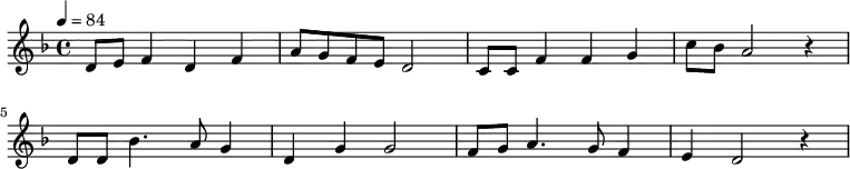 {
   <<
   \relative c' {
      \key d \minor
      \time 4/4
      \tempo 4 = 84
      \set Staff.midiInstrument = "trombone"
      \transposition c'
         d8   e f4 d  f   a8  g f  e  d2
         c8 c f4 f g  c8 bes a2 r4
        \break
        d,8 d bes'4. a8  g4  d g g2
         f8    g a4. g8  f4 e   d2 r4
      }
%   \addlyrics {
%      }
   >>
}