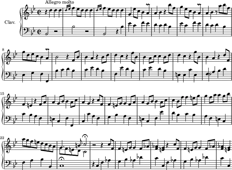 \version "2.18.2"
\header {
  tagline = ##f
  % composer = "Domenico Scarlatti"
  % opus = "K. 473"
  % meter = "Allegro molto"
}
%% les petites notes
trillA       = { \tag #'print { a4\prall } \tag #'midi { bes32 a bes a~ a8 } }
upper = \relative c'' {
  \clef treble 
  \key bes \major
  \time 2/2
  \tempo 2 = 82
      s8*0^\markup{Allegro molto}
      r4 d4 d d | \repeat unfold 2 { \grace {   \tempo 2 = 52 d16 ees }   \tempo 2 = 82 f4 ees8 d d4 d } | g, ees'8  c bes4 \trillA
      % ms. 5
      a4 bes r4 bes'8 f | g4 ees8 c bes4  \trillA |a4 bes r8 a'8 bes f | g d ees c bes4 \trillA | bes2 r4 f8 bes |
      % ms. 10
      bes4 a r4 bes8 d | d4 c r4 f8 bes, | bes4 a8 c c4 bes8 d | d4 c r4 g'8 bes, | bes4 a r4 d8 f, |
      % ms. 15
      f4 e r4 f8 a | a4 g8 bes bes4 a8 c | a4 g r4 c8 f, | f4 e8 g g4 f8 a | a4 g8 bes bes4 a8 c |
      % ms. 20
      c4 bes8 f' f4 e8 g | g4 f8 a a4 g8 bes | a g f e d c bes a | << { \mergeDifferentlyDottedOn g4. b8 c2\fermata } \\ { g8 f e d c2 } >>
      % ms. 24
      r2 \repeat unfold 2 { r4 c'8 f, | f4 e8 g g4 f8 aes | < f aes >4 < e g > }
      % ms. 29
      
      % ms. 34
      
      % ms. 38
      
}
lower = \relative c' {
  \clef bass
  \key bes \major
  \time 2/2
    % ************************************** \appoggiatura a16  \repeat unfold 2 {  } \times 2/3 { }   \omit TupletNumber 
      bes,2 r2 | bes'2 r2 | bes,2 r4 bes'4 | \repeat unfold 2 { ees c f ees |
      % ms. 5
      d4 c d bes } | ees,4 g f f, | bes' c d bes |
      % ms. 10
      c ees d bes | f ees' d bes | c ees d bes | e, e c' e, | << { f4 a } \\ { f2  } >> bes4 d |
      % ms. 15
      c4 bes a f | e c f f, | c' c' a f | g bes a f | e c f ees' |
      % ms. 20
      d4 bes c bes | a f e c | f a bes bes, c1\fermata |
      % ms. 24
      r4 \repeat unfold 2 { c4 f aes | g bes aes des c } c,4 
      % ms. 29
      
      % ms. 34
      
      % ms. 38
      
}
thePianoStaff = \new PianoStaff <<
    \set PianoStaff.instrumentName = #"Clav."
    \new Staff = "upper" \upper
    \new Staff = "lower" \lower
  >>
\score {
  \keepWithTag #'print \thePianoStaff
  \layout {
      #(layout-set-staff-size 17)
    \context {
      \Score
     \override TupletBracket.bracket-visibility = ##f
     \override SpacingSpanner.common-shortest-duration = #(ly:make-moment 1/2)
      \remove "Metronome_mark_engraver"
    }
  }
}
\score {
  \keepWithTag #'midi \thePianoStaff
  \midi { \set Staff.midiInstrument = #"harpsichord" }
}
