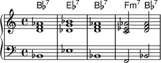 <<
    \new ChordNames \chordmode {
  bes1:7 ees:7 bes:7 f2:m7 bes2:7
  
}
     \new PianoStaff <<   \new Staff \relative c'{
< d f aes>1 <des g bes > < d f aes> <c ees aes >2 <d f aes > }
\new Staff { \clef bass bes,1 ees1 bes,1 f,2 bes,2 }>>
  >>
