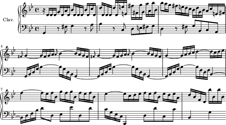 \version "2.18.2"
\header {
  tagline=##f
}
upper=\relative c' {
  \clef treble 
  \key g \minor
  \time 4/4
  \tempo 4=104
  \tempo "Allegro"
  \set Staff.midiInstrument=#"harpsichord"
  r16 d16 d d g d a' d, bes' d, d d bes' d, c' d,|d' d, d d d' d, e' e, fis' fis, g' g, a' a, bes' bes, bes'8 a16 g fis e d c
  bes16 d g, bes a c e, fis|\repeat unfold 2 { \grace fis8 g4~ g16 fis g a \grace a8 bes4~ bes16 a g fis }|
  g4~ g16 a bes c d4~ d16 c d ees f4~ f16 ees f bes, g' f g bes, f' ees f bes,|ees4~ ees16 c d ees f ees f bes, ees d ees a,|d16 bes f d bes''16 bes, bes' bes,
}
lower=\relative c' {
  \clef bass
  \key g \minor
  \time 4/4
  \set Staff.midiInstrument=#"harpsichord"
   
   g,4 r8 fis'8 g4 r8 a8|bes4 r8 c,8 d e fis g|d4 r8 fis8|g bes, c a|\repeat unfold 2 { g16 bes d g bes4~ bes16 g d bes g4~ }|g16 bes d g bes4~ bes16 f d f bes,4~ bes16 d f bes d8 d, ees ees' d, d'|c16 g ees c c,4 d'8 d' c, c' bes,4 g'
}
\score {
  \new PianoStaff <<
    \set PianoStaff.instrumentName=#"Clav."
    \new Staff="upper" \upper
    \new Staff="lower" \lower
  >>
  \layout {
    #(layout-set-staff-size 18)
    \context {
      \Score
      \override SpacingSpanner.common-shortest-duration=#(ly:make-moment 1/2)
      \remove "Metronome_mark_engraver"
    }
  }
  \midi { }
}