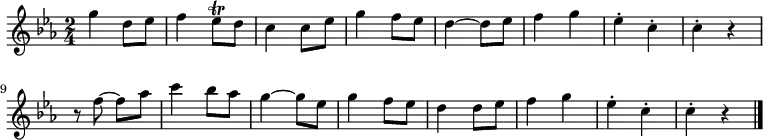 
     \relative c'' {
     \key ees \major
     \time 2/4

     g'4 d8 ees | f4 ees8\trill d | c4 c8 ees | g4 f8 ees | d4 ~ d8 ees | f4 g | ees-. c-. | c-. r |
     r8 f ~ f aes | c4 bes8 aes | g4 ~ g8 ees | g4 f8 ees | d4 d8 ees | f4 g | ees-. c-. | c-. r \bar "|."
}
