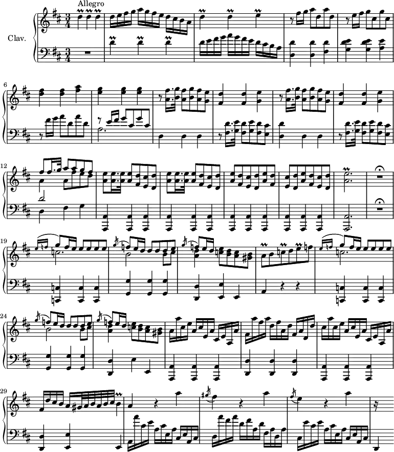 \version "2.18.2"
\header {
  tagline = ##f
}
%% les petites notes
trillD = { \tag #'print { d4\prall } \tag #'midi { \times 2/3 { e32 d e } d16~ d8 } }
trillE = { \tag #'print { e4\prall } \tag #'midi { \times 2/3 { fis32 e fis } e16~ e8 } }
trillB = { \tag #'print { b4\prall } \tag #'midi { \times 2/3 { cis32 b cis } b16~ b8 } }
trillEacc = { \tag #'print { < a' e' >2.\prall } \tag #'midi { << { fis32 e fis e fis e~ e16~ e8~ e4 } \\ { a2. } >> } }
trillAq = { \tag #'print { a8\prall } \tag #'midi { \times 2/3 { b32 a b } a16 } }
trillCq = { \tag #'print { c8\prall } \tag #'midi { \times 2/3 { d32 c d } c16 } }
trillEq = { \tag #'print { e8\prall } \tag #'midi { \times 2/3 { f32 e f } e16 } }
upper = \relative c'' {
  \clef treble 
  \key d \major
  \time 3/4
  \tempo 4 = 82
  \set Staff.midiInstrument = #"harpsichord"
     s8*0^\markup{Allegro}
     \trillD \trillD \trillD | d16 e fis g a g fis e d cis b a | \trillD \trillD \trillE | r8 fis16 g a8 d, a' d, |
     % ms. 5
     r8 e16 fis g8 cis, g' cis,  | < d fis >4 q < fis a > | < e g > q q | \repeat unfold 2 { r8 < a, fis' >16. < b g' >32 < a fis' >8 < b g' > < a fis' > < g e' > | < fis d' >4 q < g e' > }
     % ms. 12
     << { fis'8 fis16. g32 a8 a g fis } \\ { a,4 a8 fis' e d } >> | \repeat unfold 2 { < a e' >8 q16. q32 q8 < fis d' > <  e cis' > < d d' > } |
     % ms. 15
     \repeat unfold 3 { < a' e' >8 < fis d' > <  e cis' > < d d' > } | \trillEacc | R2.\fermata
     % ms. 19
     << {  \grace { e'16( f } \stemUp g8) f16 e e8 e e e | \acciaccatura g16 f8 e16 d d8 d d e | \acciaccatura g16 f8 e16 d } \\ { c2. | b2 b8 cis | < a d >4 < c e >8 < b d > < a c > < gis b > } >> | \trillAq b8 \trillCq d8 \trillEq f8 |
     % ms. 23
     << {  \grace { e16( f } \stemUp g8) f16 e e8 e e e | \acciaccatura g16 f8 e16 d d8 d d e | \acciaccatura g16 f8 e16 d } \\ { c2. | b2 b8 cis | < a d >4 < c e >8 < b d > < a c > < gis b > } >> | a16 a' cis, e a, cis e, a cis, e a, a' |
     % ms. 27
     fis16 a' fis a d, fis a, d fis,a d, d' | cis a' cis, e a, cis e, a cis, e a, a' | fis d' cis b a gis32 a b a b cis \trillB |
     % ms. 30
     a4 r4 a'4 | \acciaccatura gis16 fis4 r4 a4 | \acciaccatura fis16 e4 r4 a4 | r16 s8.
}
lower = \relative c' {
  \clef bass
  \key d \major
  \time 3/4
  \set Staff.midiInstrument = #"harpsichord"
      % ***********************
      R2. | \trillD \trillD \trillD | d16 e fis g a g fis e d cis b a | < d, d' >4 q < fis d' > |
      % ms. 5
      < g d' e >4 q < a e' > | r8 fis'16 g a8 d, a' d, | << { r8 e16 fis g8 cis, g' cis, } \\ { a2. } >> | d,4 d d | r8 < fis d' >16. < g e' >32 < fis d' >8 < g e' > < fis d' > < e cis' > | 
      % ms. 10
      < d d' >4 d d | r8 < fis d' >16. < g e' >32 < fis d' >8 < g e' > < fis d' > < e cis' > | << { d'2 } \\ { d,4 fis g } >> | \repeat unfold 4 { < a,, a'>4 q q } |  \tempo 4 = 60 q2. | R2.\fermata %\fermataMarkup 
      % ms. 19
      \tempo 4 = 82
      < c c' >4 q q | < g' g' > q q | < d d' > < e e' > e | a r4 r4  |
      % ms. 23
      < c, c' >4 q q | < g' g' > q q | < d d' > e' e, | < a, a' > q q | 
      % ms. 27
      < d d' >4 q q | < a a' > q q | < d d' > < e e' > e |
      % ms. 30
      a16 a'' cis, e a, cis e, a cis, e a, cis | d a'' fis a d, fis a, d fis, a d, a' | cis, e' cis e a, cis e, a cis, e a, cis | d,4
}
thePianoStaff = \new PianoStaff <<
    \set PianoStaff.instrumentName = #"Clav."
    \new Staff = "upper" \upper
    \new Staff = "lower" \lower
  >>
\score {
  \keepWithTag #'print \thePianoStaff
  \layout {
      #(layout-set-staff-size 17)
    \context {
      \Score
     \override SpacingSpanner.common-shortest-duration = #(ly:make-moment 1/2)
      \remove "Metronome_mark_engraver"
    }
  }
}
\score {
  \keepWithTag #'midi \thePianoStaff
  \midi { }
}