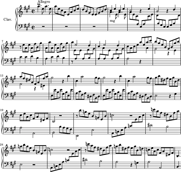 
\version "2.18.2"
\header {
  tagline = ##f
  % composer = "Domenico Scarlatti"
  % opus = "K. 320"
  % meter = "Allegro"
}

%% les petites notes
trillApUp     = { \tag #'print { a'4.\prall } \tag #'midi { b32 a b a~ a4 } }

upper = \relative c'' {
  \clef treble 
  \key a \major
  \time 2/2
  \tempo 2 = 78
  \set Staff.midiInstrument = #"harpsichord"
  \override TupletBracket.bracket-visibility = ##f

      s8*0^\markup{Allegro}
      \trillApUp e8 a4. e8 | a e cis a e a cis e | d b gis e e gis b d | \stemUp \repeat unfold 2 { cis4 e }
      % ms. 5
      cis2 r4 e4 | b2 r4 d4 | \stemNeutral r8 e8 a, e' a, fis' b, gis' | a, a' a, e' a, fis' b, gis' |
      % ms. 9
      a4 \stemUp e2 d4 | cis e2 d4 \stemNeutral | cis8 a cis e \stemUp a e a cis | b gis e b gis b gis' b |
      % ms. 13
      a8 fis dis a fis a fis' a \stemNeutral | \repeat unfold 2 { gis2 r4 b4 | cis,4 a'2 gis8 fis } |
      % ms. 18
      gis8 b dis, fis e gis b, dis | cis e a, cis fis, a dis, fis | b,2 r2 | r8 b''8 g e b g e b' |
      % ms. 22
      c2 r2 | r8 c'8 a fis dis b fis' a | g b g e b g e b' | c2 r2 | 
      % ms. 26
      r8 c'8 a fis dis b fis' a | g b dis, fis e g b, d | c e a, c fis, a dis, fis | b,4.

}

lower = \relative c' {
  \clef bass
  \key a \major
  \time 2/2
  \set Staff.midiInstrument = #"harpsichord"
  \override TupletBracket.bracket-visibility = ##f

    % ************************************** \appoggiatura a16  \repeat unfold 2 {  } \times 2/3 { }   \omit TupletNumber 
      R1*3 | \stemDown \change Staff = "upper" s8*0-\markup{mg} \repeat unfold 2 { a'4. e8 } |
      % ms. 5
      a8 e cis  \stemUp \change Staff = "lower"  a e a \stemDown \change Staff = "upper" cis e | d \stemUp \change Staff = "lower" b gis e e gis b \stemDown \change Staff = "upper" d \stemNeutral \change Staff = "lower" | cis4 cis d b | a cis d b |
      % ms. 9
      r8 \stemDown \change Staff = "upper" e8 \stemUp \change Staff = "lower" a, \stemDown \change Staff = "upper" e' \stemUp \change Staff = "lower" a, \stemDown \change Staff = "upper" fis' \stemUp \change Staff = "lower" b, \stemDown \change Staff = "upper" gis' |
      % ms. 10
      \stemUp \change Staff = "lower" a, \stemDown \change Staff = "upper" a' \stemUp \change Staff = "lower" a, \stemDown \change Staff = "upper" e' \stemUp \change Staff = "lower" a, \stemDown \change Staff = "upper" fis' \stemUp \change Staff = "lower" b, \stemDown \change Staff = "upper" gis' |      \change Staff = "lower" a,2 r4 \stemDown \change Staff = "upper" a'4 |  gis2 r4 e4 |
      % ms. 13
      fis2 r4 dis4 | \change Staff = "lower" \repeat unfold 2 { e,8 e' b e gis, b e, e' | a, cis fis, a dis, fis b, dis } |
      % ms. 18
      e2 r4 gis4 | a2 a, | b b'8 a gis fis | e,2 e' |
      % ms. 22
      a,8 c e a \stemUp c \stemDown \change Staff = "upper" e a c | \stemNeutral \change Staff = "lower" dis,2 b e, r2 | a,8 c e a \stemUp c \stemDown \change Staff = "upper" e a c | \stemNeutral \change Staff = "lower"
      % ms. 26
       dis,2 b a r4 g4 | a2 a, | b4.

}

thePianoStaff = \new PianoStaff <<
    \set PianoStaff.instrumentName = #"Clav."
    \new Staff = "upper" \upper
    \new Staff = "lower" \lower
  >>

\score {
  \keepWithTag #'print \thePianoStaff
  \layout {
      #(layout-set-staff-size 17)
    \context {
      \Score
     \override SpacingSpanner.common-shortest-duration = #(ly:make-moment 1/2)
      \remove "Metronome_mark_engraver"
    }
  }
}

\score {
  \keepWithTag #'midi \thePianoStaff
  \midi { }
}
