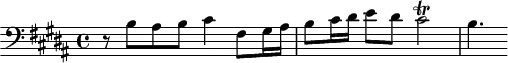 
\version "2.18.2"
\header {
  tagline = ##f
}

\score {
  \new Staff \with {

  }
<<
  \relative c' {
    \clef bass
    \key b \major
    \time 4/4

     %% SUJET fugue CBT I-23, BWV 868, si majeur
     r8 b8 ais b cis4 fis,8 gis16 ais b8 cis16 dis e8 dis cis2\trill b4.
  }
>>
  \layout {
     \context { \Score \remove "Metronome_mark_engraver" }
  }
  \midi {} 
}
