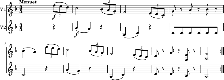 <<
\new Staff \with {
instrumentName = #"V1"
}
\relative c'' {
\version "2.18.2"
\clef "treble"
\tempo "Menuet"
\key f \major
\time 3/4
\tempo 4 = 110
s2 \tuplet 3/2 {f8\f (e d)}
c2 \tuplet 3/2 {bes8 (a g)}
f2 \tuplet 3/2 {e8 (d c)}
g'-! r8 a-! r8 bes8-! r8
bes4 (a) \tuplet 3/2 {f'8 (e d)}
c2 \tuplet 3/2 {bes8 (a g)}
f2 \tuplet 3/2 {e8 (d c)}
d8 r8 g8 r8 <g, e'>8 r8
<a f'>2 \bar ":|."
}
\new Staff \with {
instrumentName = #"V2" }
\relative c'' {
\clef "treble"
\tempo "Andante"
\key f \major
\time 3/4
s2 r4
a4\f (g) r4
a, (c) r4
c8 c c c c c
c2 r4
a'4 (g) r4
a, (c) r4
d8 r8 d8 r8 bes8 r8
a2 \bar ":|."
}
>>