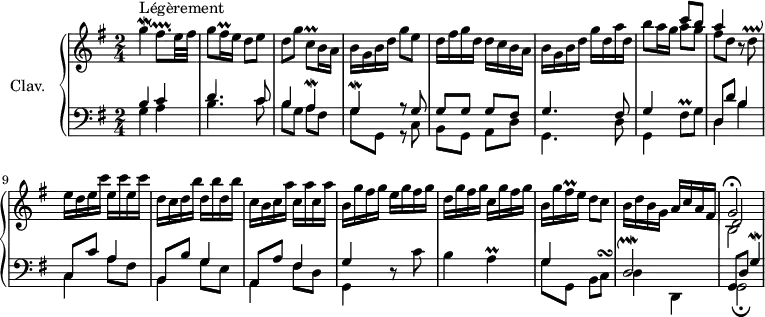 
\version "2.18.2"
\header {
  tagline = ##f
  % composer = "Joseph-Hector Fiocco"
  % opus = "opus 1"
  % meter = "Légèrement"
}

%% les petites notes
mordGUp     = { \tag #'print { g'4\mordent } \tag #'midi { g32 fis g16~ g8 } }
mordG       = { \tag #'print { g4\mordent } \tag #'midi { g32 fis g16~ g8 } }
mordA       = { \tag #'print { a4\mordent } \tag #'midi { a32 g a16~ a8 } }
mordDb      = { \tag #'print { d2\upmordent } \tag #'midi { d32 e d e~ e8~ e4 } }

mordFisqp   = { \tag #'print { fis8.\downprall } \tag #'midi { g32 fis g fis g fis } }
trillFisqq  = { \tag #'print { fis16\prall } \tag #'midi { \times 2/3 { fis32 g fis } } }
trillCqDown = { \tag #'print { c,8\prall } \tag #'midi { d32 c d c } }
trillFqUp   = { \tag #'print { fis'8\prall } \tag #'midi { g32 fis g fis } }
trillDq     = { \tag #'print { d8\prallup } \tag #'midi { e32 d e d } }
trillA      = { \tag #'print { a4\prall } \tag #'midi { b32 a b a~ a8 } }
turnCq      = { \tag #'print { c8^\turn } \tag #'midi { d32 c b c } }

upper = \relative c'' {
  \clef treble 
  \key g \major
  \time 2/4
  \tempo 4 = 88
  \set Staff.midiInstrument = #"harpsichord"

      s8*0^\markup{Légèrement}
      \mordGUp \mordFisqp e32 fis | g8 \trillFisqq e16 d8 e | d g \trillCqDown b16 a | b g b d g8 e | d16 fis g d d c b a |
      % ms. 6
      b16 g b d g d a' d, | b'8 a16 g 
      << { c8 b } \\ { a8 g } >> | 
      << { a4 } \\ { fis8 d } >> r8 \trillDq | e16 d  \repeat unfold 3 { e c' } d,16 c  \repeat unfold 3 { d b' } c,16 b  \repeat unfold 3 { c a' }
      % ms. 12
      b,16 g' fis g e g fis g | d g fis g c, g' fis g | b, g' \trillFisqq e16 d8 c | b16 d b g a c a fis << { g2\fermata } \\ { b,2 } \\ { d2 } >>
      % ms. 18
      
}

lower = \relative c' {
  \clef bass
  \key g \major
  \time 2/4
  \set Staff.midiInstrument = #"harpsichord"

    % ************************************** \appoggiatura a16  \repeat unfold 2 {  } \times 2/3 { }   \omit TupletNumber 
      << { b4 c | d4. c8 | b4 \mordA | \mordG r8 g8 | g g g fis } 
      \\ { g4 a | b4. c8 | b g a fis | g8 g, r8 c8 | b g a d } >>
      % ms. 6
      << { g4. fis8 | g4 } \\ { g,4. d'8 | g,4 } >> \trillFqUp g8 | 
      << { d8 d' b4 | c,8 c' a4 | b,8 b' g4 | a,8 a' fis4 } 
      \\ { d4 b' c, a'8 fis | b,4 g'8 e | a,4 fis'8 d } >>
      % ms. 12
      << { g4 } \\ { g,4 } >> r8 c'8 | b4 \trillA | 
      << { g4 s4 | \mordDb | g,8 d' \mordG } 
      \\ { g8 g, b \turnCq | { \tag #'print d4 \tag #'midi r4 } d, | g2\fermata } >>
      % ms. 18
      

}

thePianoStaff = \new PianoStaff <<
    \set PianoStaff.instrumentName = #"Clav."
    \new Staff = "upper" \upper
    \new Staff = "lower" \lower
  >>

\score {
  \keepWithTag #'print \thePianoStaff
  \layout {
      #(layout-set-staff-size 17)
    \context {
      \Score
     \override TupletBracket.bracket-visibility = ##f
     \override SpacingSpanner.common-shortest-duration = #(ly:make-moment 1/2)
      \remove "Metronome_mark_engraver"
    }
  }
}

\score {
  \keepWithTag #'midi \thePianoStaff
  \midi { }
}
