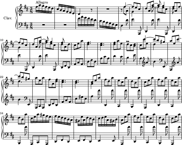 \version "2.18.2"
\header {
tagline = ##f
% composer = "Domenico Scarlatti"
% opus = "K. 484"
% meter = "Allegro"
}
%% les petites notes
trillDq = { \tag #'print { d8\prall } \tag #'midi { e32 d e d } }
upper = \relative c'' {
\clef treble
\key d \major
\time 3/8
\tempo 4. = 88
\set Staff.midiInstrument = #"harpsichord"
\override TupletBracket.bracket-visibility = ##f
s8*0^\markup{Allegro}
fis16 a g fis e d | cis b a g fis e | d4 r8 | R4. |
% ms. 5
r8 << { fis'4~ | fis8 e cis | d a a'~ | a g4 | fis8 a, fis'~ | fis e cis | d a a'~ | a g4 | fis8 }
\\ { fis8 a, | g4 s8 | s4 fis'8~ | fis e cis | d s4 | g,4 s8 | s4 fis'8~ | fis e cis | d a d } >>
% ms. 14
cis8 e a | < d, fis >4. | < cis e > | < d fis >8 a' e | \trillDq cis8 < b d > |
% ms. 19
<< { s8 cis'4~ | cis8 b gis | a e cis'~ | cis b gis }
\\ { cis,8 cis' e, | d4 s8 | s4. | d4. } >> |
a'8 e a | fis a, < d fis > | < cis e >4. | < b d > << { cis8 e a } \\ { a,4 } >> |
% ms. 28
fis'8 d a' | e cis a' | d, b a' | cis, e a | fis8 d a' | e cis a' | d, b a' |
% ms. 35
cis,16 e a gis fis e | fis e d cis b a | gis e' a, d cis b | cis d e a, gis b | a8 e' a | fis d a' |
% ms. 41
e8 cis a' | d, b a' | cis, e a |
}
lower = \relative c' {
\clef bass
\key d \major
\time 3/8
\set Staff.midiInstrument = #"harpsichord"
\override TupletBracket.bracket-visibility = ##f
% ************************************** \appoggiatura a16 \repeat unfold 2 { } \times 2/3 { } \omit TupletNumber
R4.*2 | fis16 a g fis e d | cis b a g fis e | d4 d'8 | e4 a,,,8 |
% ms. 7
\repeat unfold 3 { d4 d''8 | e4 a,,,8 } | d8 fis d
% ms. 14
a'8 cis a | d fis d | a' cis a | d4 cis8 | b4 e8 | a,4 \clef treble a'8 | b4 \clef bass e,,,8 |
% ms. 21
a,4 \clef treble a'''8 | b4 \clef bass e,,,8 | a, cis a | d fis d | a' cis a | e' gis e | a4 a'8 |
% ms. 28
d,,,4 a'''8 | cis,,,4 a'''8 | b,,,4 a'''8 | a,,,4 a'''8 | d,,,4 a'''8 | cis,,,4 a'''8 | b,,,4 a'''8 |
% ms. 35
a,,,8 cis a | d fis d | e fis d | e4 e8 | a,4 a'''8 | d,,,4 a'''8 |
% ms. 41
cis,,,4 a'''8 | b,,,4 a'''8 | a,,,4 a'''8 |
}
thePianoStaff = \new PianoStaff <<
\set PianoStaff.instrumentName = #"Clav."
\new Staff = "upper" \upper
\new Staff = "lower" \lower
>>
\score {
\keepWithTag #'print \thePianoStaff
\layout {
#(layout-set-staff-size 17)
\context {
\Score
\override SpacingSpanner.common-shortest-duration = #(ly:make-moment 1/2)
\remove "Metronome_mark_engraver"
}
}
}
\score {
\keepWithTag #'midi \thePianoStaff
\midi { }
}