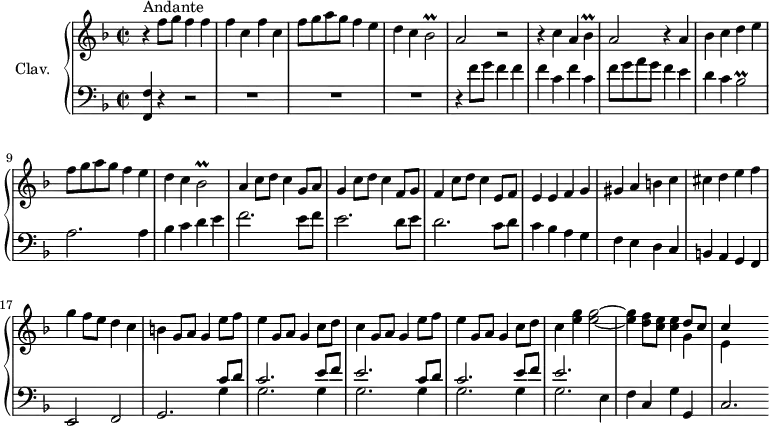 \version "2.18.2"
\header {
  tagline = ##f
}
%% les petites notes
trillBes    = { \tag #'print { bes2\prall } \tag #'midi { \times 2/3 { c16 bes c bes c bes~ } bes4~ } }
trillBesq   = { \tag #'print { bes4\prall } \tag #'midi { \times 2/3 { c16 bes c } bes8~ } }
upper = \relative c'' {
  \clef treble 
  \key f \major
  \time 2/2
  \tempo 2 = 68
  \set Staff.midiInstrument = #"harpsichord"
      s8*0^\markup{Andante} r4 f8 g f4 f | f c f c | f8 g a g f4 e | d c \trillBes |
      % ms. 5
      a2 r2 | r4 c4 a \trillBesq | a2 r4 a4 | bes c d e | f8 g a g f4 e | d c \trillBes |
      % ms. 11
      a4 c8 d c4 g8 a | g4 c8 d c4 f,8 g | f4 c'8 d c4 e,8 f | e4 e f g | 
      % ms. 15
      gis4 a b c | cis d e f | g f8 e d4 c | b g8 a g4 e'8 f | e4 g,8 a g4 c8 d | 
      % ms. 20
      c4 g8 a g4 e'8 f | e4 g,8 a g4 c8 d | c4 < e g >4 q2~ | q4 < d f >8 < c e > q4 << { d8 c } \\ { g4 } >>
      % ms. 24
      << { c4 } \\ { e,4 } >> s2 % poursuivre jusqu'à la mesure 32/reprise
}
lower = \relative c' {
  \clef bass
  \key f \major
  \time 2/2
  \set Staff.midiInstrument = #"harpsichord"
    % **************************************
      % \repeat unfold 2 {
      < f,, f' >4 r4 r2 | R1*3 | r4 f''8 g f4 f | f c f c | f8 g a g f4 e | d c \trillBes | a2. a4 |
      % ms. 10
      bes4 c d e | f2. e8 f | e2. d8 e | d2. c8 d | c4 bes a g | f e d c b a g f | e2 f | g2. << { \repeat unfold 2 { c'8 d | c2. e8 f | e2. } } \\ { \repeat unfold 4 { g,4 | g2. } } >> e4 | f c g' g, | c2.
}
thePianoStaff = \new PianoStaff <<
    \set PianoStaff.instrumentName = #"Clav."
    \new Staff = "upper" \upper
    \new Staff = "lower" \lower
  >>
\score {
  \keepWithTag #'print \thePianoStaff
  \layout {
      #(layout-set-staff-size 17)
    \context {
      \Score
     \override SpacingSpanner.common-shortest-duration = #(ly:make-moment 1/2)
      \remove "Metronome_mark_engraver"
    }
  }
}
\score {
  \keepWithTag #'midi \thePianoStaff
  \midi { }
}