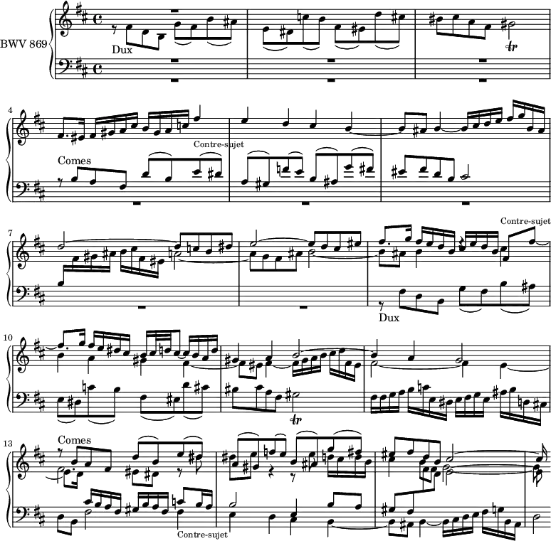 
\version "2.18.2"
\header {
  tagline = ##f
}

TrillgisB   = { \tag #'print { gis2\trill } \tag #'midi { gis16 a gis32 a gis a gis a gis16~ gis16 fis32 gis }  }

DuxNotes    = { r8 fis8 d b g'( fis) b( ais) | e( dis) c'( b) fis( eis) d'( cis) bis cis a fis \TrillgisB }
Dux         = { s8*0-\markup{Dux} \DuxNotes }
Comes       = { r8-\markup{Comes} b8 a fis d'( b) e( dis) | a( gis) f'( e) b( ais) g'( fis) eis fis d b cis2~  }

TeteCS      = { eis16 fis gis a cis b gis a c }
ContreSujet = { fis4-\markup{\tiny "Contre-sujet"} e d cis b_~ b8 ais b4_~  }
CodaCS      = { b16 cis d e fis g b, ais d2^~ }
CodaCSFin      = { b16 cis d e fis g b, ais d2*1/8^~ }
CSComplet   = { \TeteCS \ContreSujet \CodaCS }

upper = \relative c' {
  \tempo "Largo"
  \clef treble 
  \key b \minor
  \time 4/4
  \tempo 4 = 54
  \set Staff.midiInstrument = #"harpsichord" 

   %% FUGUE CBT I-24, BWV 869, si mineur 
   << { R1 s1*11 \relative c'' { \Comes cis16 } } \\ {  \Dux \stemUp fis8. \CSComplet d8 c b dis e2^~ e8 d cis eis fis8. g16 fis e d b cis e d b fis8 fis'~ fis8. g16 fis e dis cis b cis32 d cis8~ cis16 b a d gis,4  a b2^~ b4 a g2 | \stemDown \shiftOn fis  eis8 dis r8 dis' | dis e r4 r8 e8 d16 cis d b | cis4 b8 fis g2~ g8 } >> 

}

lower = \relative c' {
  \clef bass 
  \key b \minor
  \time 4/4
  \set Staff.midiInstrument = #"harpsichord" 
    
   << { R1*3 \Comes  b16 \stemDown \change Staff = "upper" fis' gis ais b cis fis, eis a2_~ | a8 g fis ais b2_~ b8 ais b4 e4\rest \transpose fis cis \relative c'' { \ContreSujet } fis,16 gis a b cis d fis, eis fis2_~ fis4 e4_~ e8. d16 \stemUp \crossStaff \change Staff = "lower" cis16 b a fis gis b a fis c'8 b16 a b2 e,4 b'8 a gis fis  \stemDown \change Staff = "upper"   fis'8 d e2~ e8 } \\ { R1*8 \relative c { \Dux fis16 fis g a b c e, dis e fis g e ais b d, cis! | d8 b fis'2 \ContreSujet \CodaCSFin } } >> 
    
} 


 thePianoStaff = \new PianoStaff <<
    \set PianoStaff.instrumentName = #"BWV 869"
    \new Staff = "upper" \upper
    \new Staff = "lower" \lower
  >>

\score {
  \keepWithTag #'print \thePianoStaff
  \layout {
    \context {
      \Score
      \remove "Metronome_mark_engraver"
      \override SpacingSpanner.common-shortest-duration = #(ly:make-moment 1/2) 
    }
  }
}

\score {
  \keepWithTag #'midi \thePianoStaff
  \midi { }
}
