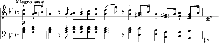 \version "2.18.2"
<<
\new Staff \relative c'' {
\clef "treble"
\tempo "Allegro assai"
\key bes \major
\time 4/4
\partial 2 <g d'-!>4 \p <g a-!>8. bes16
g4 r8 g-. <g a-.> <g bes-.> <g c-.> <g ees'-.>
<g d'>4 (g'8) r <g, d'-!>4 <fis a>8. bes16
g4-! <d fis> 8. g16 <ees a-!>4 <c ees g>8. a'16
<a, c d>2
}
\new Staff \relative c' {
\clef "bass"
\key bes \major
\time 4/4
\tempo 4 = 150
\partial 2 <g bes d>4 <g c ees>
<g bes d> r8 <g bes d-.>8 <g c ees-.> <g c ees-.> <g c ees-.> <g c ees-.>
<g bes d>4. r8 <g bes d>4 <d d'>
<ees bes'> <bes g'> <c g'> <a a'> fis2
}
>>