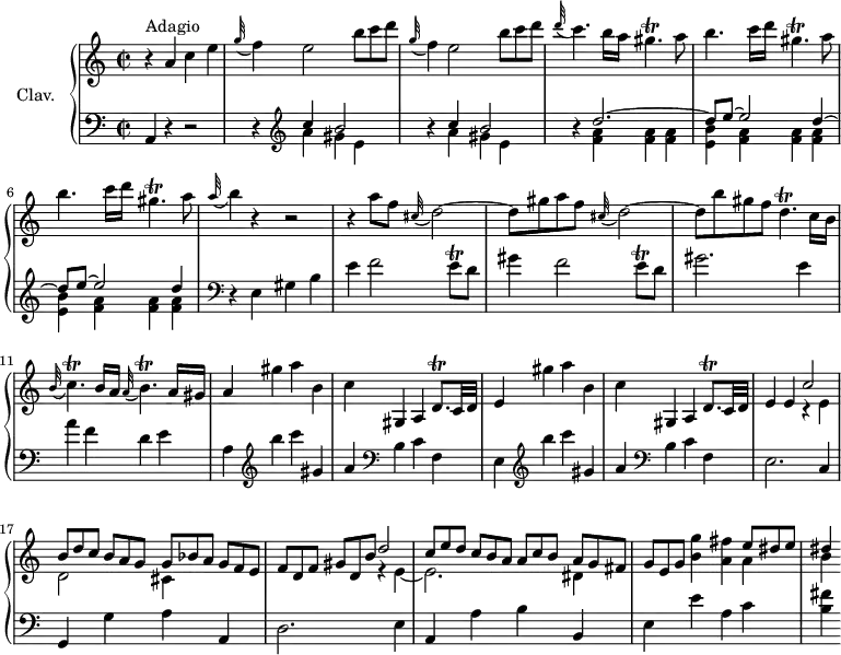 
\version "2.18.2"
\header {
  tagline = ##f
  % composer = "Domenico Scarlatti"
  % opus = "K. 109"
  % meter = "Adagio"
}

%% les petites notes
trillGisp       = { \tag #'print { gis4.\trill } \tag #'midi { a32 gis a gis~ gis4 } }
trillGispDown   = { \tag #'print { gis,4.\trill } \tag #'midi { a32 gis a gis~ gis4 } }
trillCp         = { \tag #'print { c4.\trill } \tag #'midi { a32 gis a gis~ gis4 } }
trillBp         = { \tag #'print { b4.\trill } \tag #'midi { c32 b c b~ b4 } }
trillDp         = { \tag #'print { d4.\trill } \tag #'midi { e32 d e d~ d4 } }
trillEq         = { \tag #'print { e8\trill } \tag #'midi { f32 e f e } }
trillDqp        = { \tag #'print { d8.\trill } \tag #'midi { e32 d e d~ d16 } }

upper = \relative c'' {
  \clef treble 
  \key a \minor
  \time 2/2
  \tempo 2 = 56
  \set Staff.midiInstrument = #"harpsichord"
  \override TupletBracket.bracket-visibility = ##f

      s8*0^\markup{Adagio}
      r4 a4 c e | \repeat unfold 2 { \appoggiatura g32 f4 e2 \omit TupletNumber \times 2/3 { b'8 c d } } | \appoggiatura d32 c4. b16 a \trillGisp a8 |
      % ms. 5
      \repeat unfold 2 { b4. c16 d \trillGispDown a8 } | \appoggiatura a32 b4 r4 r2 | r4 a8 f \appoggiatura cis32 d2~ |
      % ms. 9
      d8 gis a f \appoggiatura cis32 d2~ | d8 b' gis f \trillDp c16 b | \appoggiatura b32 \trillCp b16 a \appoggiatura a32 \trillBp a16 gis | a4 gis' a b, |
      % ms. 13
      c4 gis, a \trillDqp c32 d | e4 gis' a b, | c gis, a  \trillDqp c32 d | e4 e << { c'2 } \\ { r4 e, } >>
      % ms. 17
      << { \omit TupletNumber \times 2/3 { b'8 d c } \times 2/3 { b8[ a g] } \times 2/3 { g8 bes a } \times 2/3 { g8[ f e] } } \\ { d2 cis4 } >> | \omit TupletNumber \times 2/3 { f8[ d f] } \times 2/3 { gis8 d b' } << { d2 | \omit TupletNumber \times 2/3 { c8[ e d] } \times 2/3 { c8 b a }  \times 2/3 { a8[ c b] }  \times 2/3 { a8 g fis } } \\ { r4 e4~ | e2. dis4 } >>
      % ms. 20
      \times 2/3 { g8 e g } < b g' >4 < a fis' > << { \omit TupletNumber \times 2/3 { e'8 dis e } | dis4 } \\ { a4 | b} >>

}

lower = \relative c' {
  \clef bass
  \key a \minor
  \time 2/2
  \set Staff.midiInstrument = #"harpsichord"
  \override TupletBracket.bracket-visibility = ##f

    % ************************************** \appoggiatura a16  \repeat unfold 2 {  } \times 2/3 { }   \omit TupletNumber 
      a,4 r4 r2 | \repeat unfold 2 { r4   \clef treble << { c''4 b2 } \\ { a4 gis e } >> } | r4 << { d'2.~ | \repeat unfold 2 { d8 e~ e2 d4~ } } \\ { < f, a >4 q q | \repeat unfold 2 { < e b' > < f a > q q } } >>   \clef bass
      % ms. 7
      r4 e,4 gis b | e f2 \trillEq d8 | 
      % ms. 9
      gis4 f2 \trillEq d8 | gis2. e4 | a f d e | a, \clef treble b''4 c gis, |
      % ms. 13
      a4   \clef bass b, c f, |  e \clef treble b'''4 c gis, | a4   \clef bass b, c f, | e2. c4 |
      % ms. 17
      g4 g' a a, | d2. e4 | a, a' b b, |
      % ms. 20
      e4 e' a, c | < b fis' >4

}

thePianoStaff = \new PianoStaff <<
    \set PianoStaff.instrumentName = #"Clav."
    \new Staff = "upper" \upper
    \new Staff = "lower" \lower
  >>

\score {
  \keepWithTag #'print \thePianoStaff
  \layout {
      #(layout-set-staff-size 17)
    \context {
      \Score
     \override SpacingSpanner.common-shortest-duration = #(ly:make-moment 1/2)
      \remove "Metronome_mark_engraver"
    }
  }
}

\score {
  \keepWithTag #'midi \thePianoStaff
  \midi { }
}
