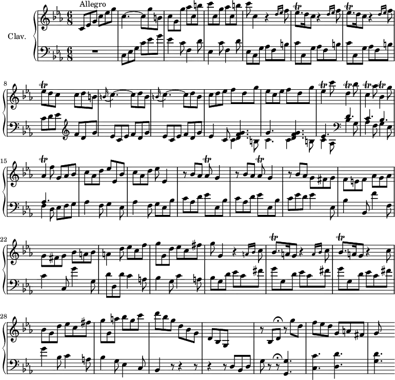 \version "2.18.2"
\header {
tagline = ##f
% composer = "Domenico Scarlatti"
% opus = "K. 129"
% meter = "Allegro"
}
%% les petites notes
trillEesqp = { \tag #'print { ees8.\trill } \tag #'midi { f32 ees f ees~ ees16 } }
trillEesq = { \tag #'print { ees8\trill } \tag #'midi { f32 ees f ees } }
trillEes = { \tag #'print { ees4\trill } \tag #'midi { f32 ees f ees~ ees8 } }
trillDDown = { \tag #'print { d,4\trill } \tag #'midi { ees32 d ees d~ d8 } }
trillCDown = { \tag #'print { c,4\trill } \tag #'midi { d32 c d c~ c8 } }
trillBesDown = { \tag #'print { bes,4\trill } \tag #'midi { c32 bes c bes~ bes8 } }
trillAesDown = { \tag #'print { aes,4\trill } \tag #'midi { bes32 aes bes aes~ aes8 } }
trillAesq = { \tag #'print { aes8\trill } \tag #'midi { bes32 aes bes aes } }
trillBesqp = { \tag #'print { bes8.\trill } \tag #'midi { c32 bes c bes~ bes16 } }
upper = \relative c'' {
\clef treble
\key c \minor
\time 6/8
\tempo 4. = 88
\set Staff.midiInstrument = #"harpsichord"
\override TupletBracket.bracket-visibility = ##f
s8*0^\markup{Allegro}
c,8 ees g c ees g | c,4.~ c8 g' b, | c g g' aes c, b' | c c, g' aes c, b' |
% ms. 5
c8 c,4 r4 \grace { \tempo 4. = 50 d16 ees } \tempo 4. = 88 f8 | \repeat unfold 2 { \trillEesqp d16 c8 r4 \grace { \tempo 4. = 50 d16 ees } \tempo 4. = 88 f8 } | \trillEesq d c c d b |
% ms. 9
\repeat unfold 2 { \appoggiatura b16 c4.~ c8 d b } | c8 d ees f d g | ees c ees f d g | \trillEes c'8 \trillDDown bes'8 |
% ms. 14
\trillCDown aes'8 \trillBesDown g'8 | \trillAesDown f'8 g,8 aes bes | c aes d ees ees, bes' | c aes d ees ees,4 | \repeat unfold 2 { r8 bes'8 aes \trillAesq g4 } |
% ms. 20
r8 bes8 aes << {} \\ { g8 fis g | f e f aes g aes | g fis g bes a bes | a4 } >> d8 | ees c f |
% ms. 24
g8 g, d' ees c fis | g8 g,4 \repeat unfold 2 { r4 \grace { \tempo 4. = 50 a16 bes } \tempo 4. = 88 c8 | \trillBesqp a16 g8 } r4 c8 |
% ms. 28
bes8 g d' ees c fis | g g, a' bes g c | d bes g d bes g | d bes g s4. | r8 bes \tempo 4. = 20 d8\fermata \tempo 4. = 88 r8 g' d |
% ms. 33
f8 ees d g, a fis | g8 s4
}
lower = \relative c' {
\clef bass
\key c \minor
\time 6/8
\set Staff.midiInstrument = #"harpsichord"
\override TupletBracket.bracket-visibility = ##f
% ************************************** \appoggiatura a16 \repeat unfold 2 { } \times 2/3 { } \omit TupletNumber
R2. | c,8 ees g c ees g | ees4 c8 f,4 d'8 | ees,4 c'8 f,4 d'8 |
% ms. 5
ees,8 c g' aes f b | \repeat unfold 2 { c c, g' aes f b } | c8 d ees \clef treble f d g |
% ms. 9
\repeat unfold 2 { ees8 c ees f d g } | ees4 c8 << { < d f g >4. | g4. < d f g > | ees } \\ { c4 b8 | c4. c4 b8 | c4 aes8 } >> \clef bass
% ms. 13 suite
<< { d4. | c bes | aes } \\ { bes4 g8 | aes4 f8 g4 ees8 | f4 d8 } >> ees8 f g | aes4 f8 g4 ees8 | aes4 f8 g ees bes' |
% ms. 18
\repeat unfold 2 { c aes d ees ees, bes' } | c8 ees d ees4 ees,8 | bes'4 bes,8 f''4 f,8 | c'4 c,8 g''4 g,8 | d'8 d, d' c4 a8 |
% ms. 24
bes4 g8 c4 a8 | bes g d' ees c fis | \repeat unfold 2 { g8 g, d' ees c fis } |
% ms. 28
g4 bes,8 c4 a8 | bes4 g8 ees4 c8 | bes4 r8 r4 r8 | r4 r8 d8 bes d | g r8 r8\fermata < g, g' >4.
% ms. 33
< c c' >4. < d d' > | < g d' >
}
thePianoStaff = \new PianoStaff <<
\set PianoStaff.instrumentName = #"Clav."
\new Staff = "upper" \upper
\new Staff = "lower" \lower
>>
\score {
\keepWithTag #'print \thePianoStaff
\layout {
#(layout-set-staff-size 17)
\context {
\Score
\override SpacingSpanner.common-shortest-duration = #(ly:make-moment 1/2)
\remove "Metronome_mark_engraver"
}
}
}
\score {
\keepWithTag #'midi \thePianoStaff
\midi { }
}