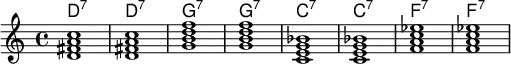 <<
    \new ChordNames \chordmode {
  d1:7 d:7 g:7 g:7 c:7 c:7 f:7 f:7 
  }
  \new Staff \relative c'{
<d fis a c> < d fis a c > <g b d f> <g b d f> <c, e g bes> <c e g bes> <f a c ees> <f a c ees> }
  >>