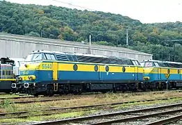 Deux machines en livrée bleue au dépôt de Kinkempois.