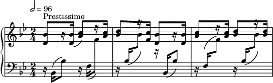 
\version "2.18.2"
\header {
  tagline = ##f
}
upper = \relative c'' {
  \clef treble 
  \key bes \major
  \time 2/4
  \tempo 2 = 96
  %\autoBeamOff

   %%Cramer — Étude 37 (pdf p. 73)
   \stemUp < bes d, >8[^\markup{Prestissimo} r16 < bes d, >16]( < c a >8)[ r16 < c a >16] < d bes >8[ r16 < c f, >16] < bes d, >8[ r16 < bes d, >16]( < c a >8[ r16 < c a >16]
   < d bes >8[ r16 < d bes >16]
   
}

lower = \relative c {
  \clef bass
  \key bes \major
  \time 2/4

   r16 bes16( bes'8) r16 f16_( \stemDown \change Staff = "upper" f'8) \stemUp \change Staff = "lower" r16 bes,16_( \stemDown \change Staff = "upper" bes'8) r16 \stemUp \change Staff = "lower" bes,,16( bes'8) r16 f16( \stemDown \change Staff = "upper" f'8) \stemUp \change Staff = "lower" r16 \stemUp \change Staff = "lower" bes,16_( \stemDown \change Staff = "upper" bes'8)

}

  \header {
    piece = ""
  }

\score {
  \new PianoStaff <<
    \new Staff = "upper" \upper
    \new Staff = "lower" \lower
  >>
  \layout {
    \context {
      \Score
      
    }
  }
  \midi { }
}
