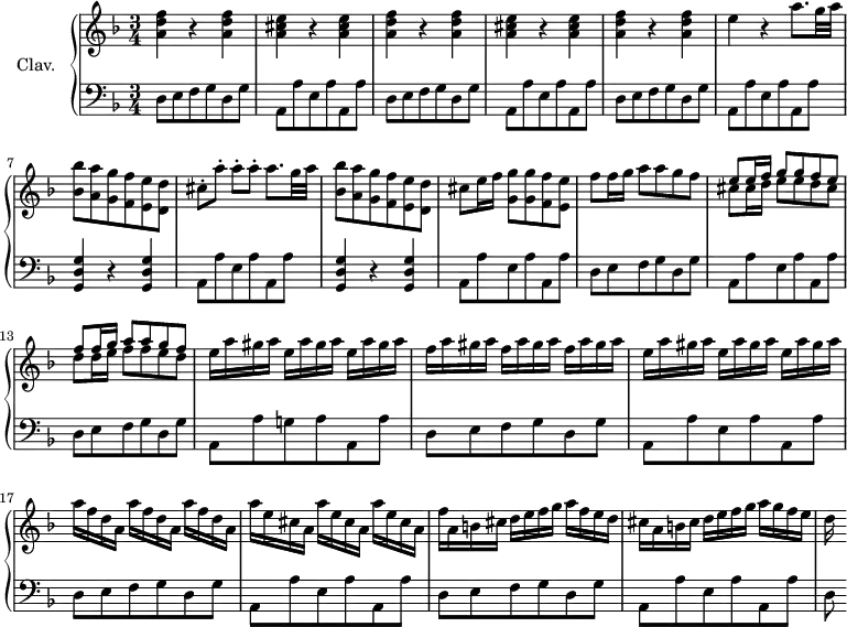 \version "2.18.2"
\header {
  tagline = ##f
  % composer = "Domenico Scarlatti"
  % opus = "K. deest"
  % meter = ""
}
%% les petites notes
trillAqp       = { \tag #'print { a8. } \tag #'midi { bes32 a bes a~ a16 } }
base           = { d,8 e f g d g | a, a' e a a, a' }
upper = \relative c'' {
  \clef treble 
  \key d \minor
  \time 3/4
  \tempo 4 = 88
  \set Staff.midiInstrument = #"harpsichord"
  \override TupletBracket.bracket-visibility = ##f
      %s8*0^\markup{Allegro}
      \repeat unfold 2 { < a d f >4 r4 q4 | < a cis e >4 r4 q4 } | < a d f >4 r4 q4 | e'4 r4 \trillAqp g32 a | < bes, bes' >8 < a a' > < g g' > < f f'> < e e' > < d d' > |
      % ms. 3
      cis'8-. a'-. a-. a-. \trillAqp g32 a | < bes, bes' >8 < a a' > < g g' > < f f'> < e e' > < d d' > | cis'8 e16 f < g, g' >8 q < f f' > < e e' >
      % ms. 11
      f'8 f16 g a8 a g f | << { e8 e16 f g8 g f e | f f16 g a8 a g f } \\ { cis8 cis16 d e8 e d cis | d d16 e f8 f e d  } >> |
      % ms. 14
      \repeat unfold 3 { e16 a gis a } | \repeat unfold 3 { f16 a gis a }
      % ms. 16
      \repeat unfold 3 { e16 a gis a } | \repeat unfold 3 { a16 f d a } | \repeat unfold 3 { a'16 e cis a } | 
      % ms. 19
      f'16 a, b cis d e f g a f e d | cis a b cis d e f g a g f e | d 
}
lower = \relative c' {
  \clef bass
  \key d \minor
  \time 3/4
  \set Staff.midiInstrument = #"harpsichord"
  \override TupletBracket.bracket-visibility = ##f
    % ************************************** \appoggiatura a16  \repeat unfold 2 {  } \times 2/3 { }   \omit TupletNumber 
      \repeat unfold 3 { \base } |
      % ms. 7
      \repeat unfold 2 { < g, d' g >4 r4 q4 | a8 a' e a a, a' }
      % ms. 11
      \base | d,8 e f g d g | a, a' g! a a, a' |
      % ms. 16
      \base | \base |
      % ms. 19
      \base | d,8
}
thePianoStaff = \new PianoStaff <<
    \set PianoStaff.instrumentName = #"Clav."
    \new Staff = "upper" \upper
    \new Staff = "lower" \lower
  >>
\score {
  \keepWithTag #'print \thePianoStaff
  \layout {
      #(layout-set-staff-size 17)
    \context {
      \Score
     \override SpacingSpanner.common-shortest-duration = #(ly:make-moment 1/2)
      \remove "Metronome_mark_engraver"
    }
  }
}
\score {
  \keepWithTag #'midi \thePianoStaff
  \midi { }
}